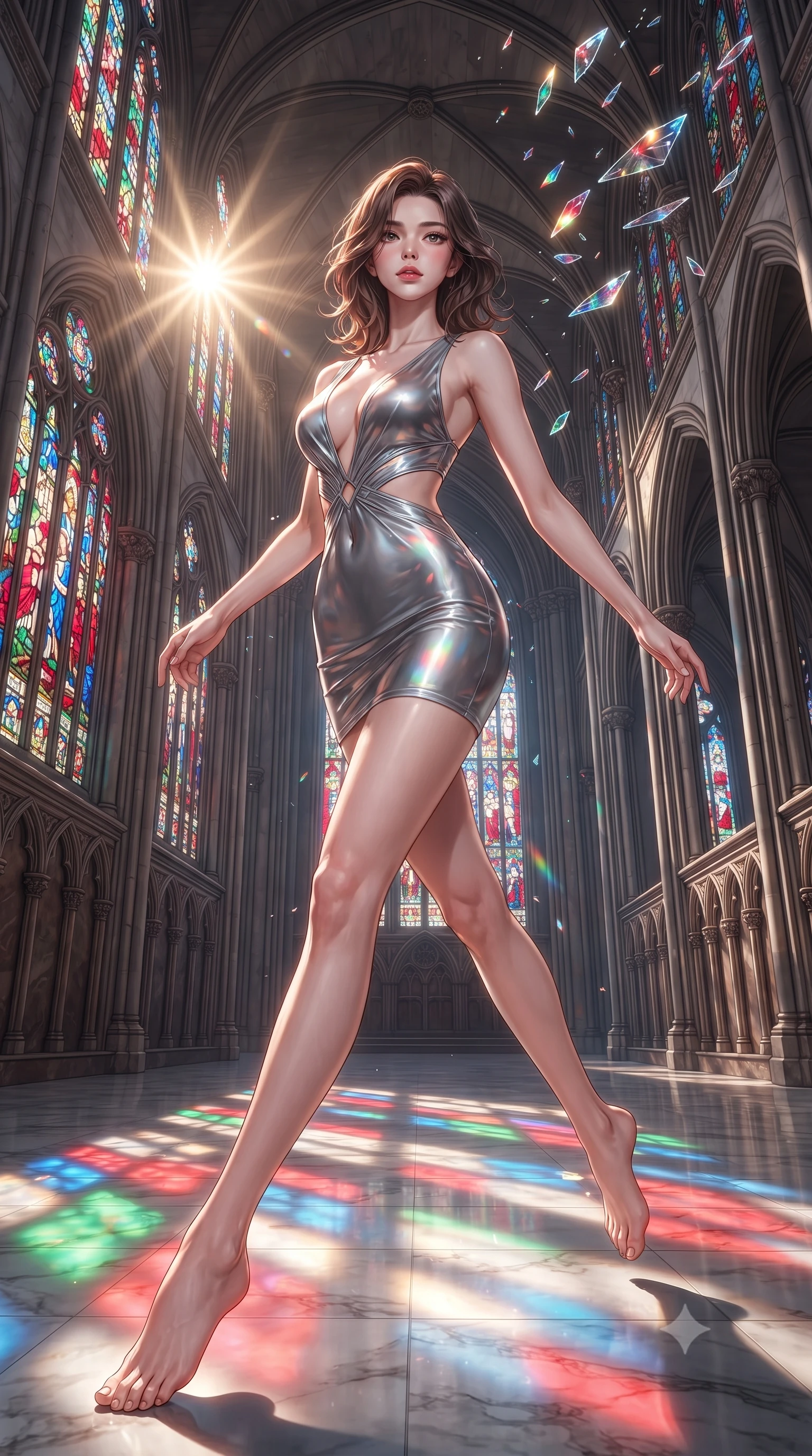 score_9, masterpiece, best quality, ultra-detailed, high-budget anime keyframe, editorial fashion photography, tasteful artistic composition, Korean woman. low angle full-body shot from head to toe showing her feet, filling the entire 9:16 vertical frame with her statuesque presence, stretching her vertical silhouette. leaping gracefully through the environment with statuesque elegance and long slender legs walking down a polished marble nave lined with tall stained glass arcades, shattered glass shards catching bright specular highlights in mid-air. She has an absolutely perfect, statuesque 8.5-heads proportion, an exceptionally tall and slender model-like female figure with impossibly long slender legs and an ultra-slim waist. sharp v-shaped jawline, high-bridge nose, intricate jewel-like eyes with depth, thick eyelashes, glossy lips with a natural sheen. wearing a liquid mercury gloss mini dress with ultra-deep plunging V-neck and dramatic waist cutouts, the sleek second-skin texture accentuating her magnetic presence. lit by bright sunbursts creating vivid, saturated color projections. highly saturated vibrant anime colors, detailed shading with soft gradients, rich glossy textures, high-contrast stereoscopic depth, volumetric dynamic lighting, master piece, 9:16 ratio