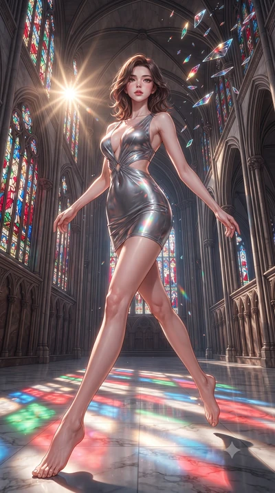 score_9, masterpiece, best quality, ultra-detailed, high-budget anime keyframe, editorial fashion photography, tasteful artistic composition, Korean woman. low angle full-body shot from head to toe showing her feet, filling the entire 9:16 vertical f