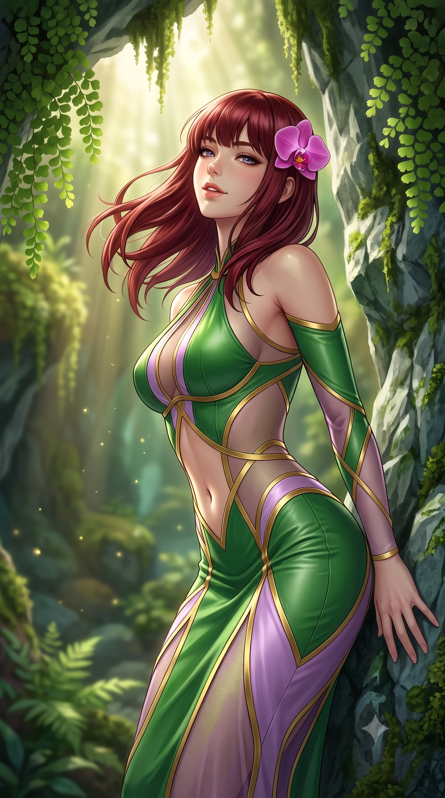 score_9, masterpiece, best quality, ultra-detailed, high-budget anime keyframe, semi-realistic 3D game render, editorial fashion photography, tasteful artistic composition, Caucasian woman. close-up cowboy shot from the waist and thighs up, the character dominates the composition, filling the frame with her large presence. turning slowly with an enchanting smoldering smile, her glossy hair tossing in the breeze as her hips angle gracefully in a captivating contrapposto while leaning against the cool limestone cavern wall with hips cocked back, looking upward through sunbeams with smoldering bedroom-eyes. The background shows a soft-focus cascading maidenhair ferns, mossy limestone overhangs, and visible golden sunbeams cutting through forest air blurred into emerald, olive, and gold bokeh. She has an exceptionally elegant, slender, and willowy female figure with an ultra-slim waist, flat toned midriff, narrow ribcage, and sculpted feminine hips creating an alluring, slim hourglass silhouette without bulk. sharp v-shaped jawline, high-bridge nose, sparkling eyes with hypnotic seductive depth, thick curled eyelashes, glossy parted lips with a natural dewy peach sheen, alluring bedroom-eyes with an enchanting coquettish smile, exuding magnetic siren charisma and sophisticated glamour, flawlessly proportioned anatomical accuracy, strict slender model proportions, natural body alignment, perfectly sculpted long slender limbs, ultra-slim waistline, clean dynamic posture without body distortion. wearing a provocative sheer illusion mesh gown with liquid gold ribbons contouring her flat midriff and curvaceous hips in vibrant jungle monstera green and dewy orchid lavender, woven from buttery-soft stretch lambskin leather adhering to her body like a second skin, accented with a fresh-bloomed exotic magenta orchid tucked gracefully into her dark glossy hair, the form-contouring silhouette accentuating her sculpted flat midriff, narrow delicate ribcage, and gracefully curvy hips with intoxicating allure. bathed in dramatic angled shafts of pure morning sunlight (god rays) penetrating the sunken cavern opening. highly saturated vibrant anime colors, detailed shading with soft gradients, rich glossy textures, high-contrast stereoscopic depth, volumetric dynamic lighting, master piece, 9:16 ratio