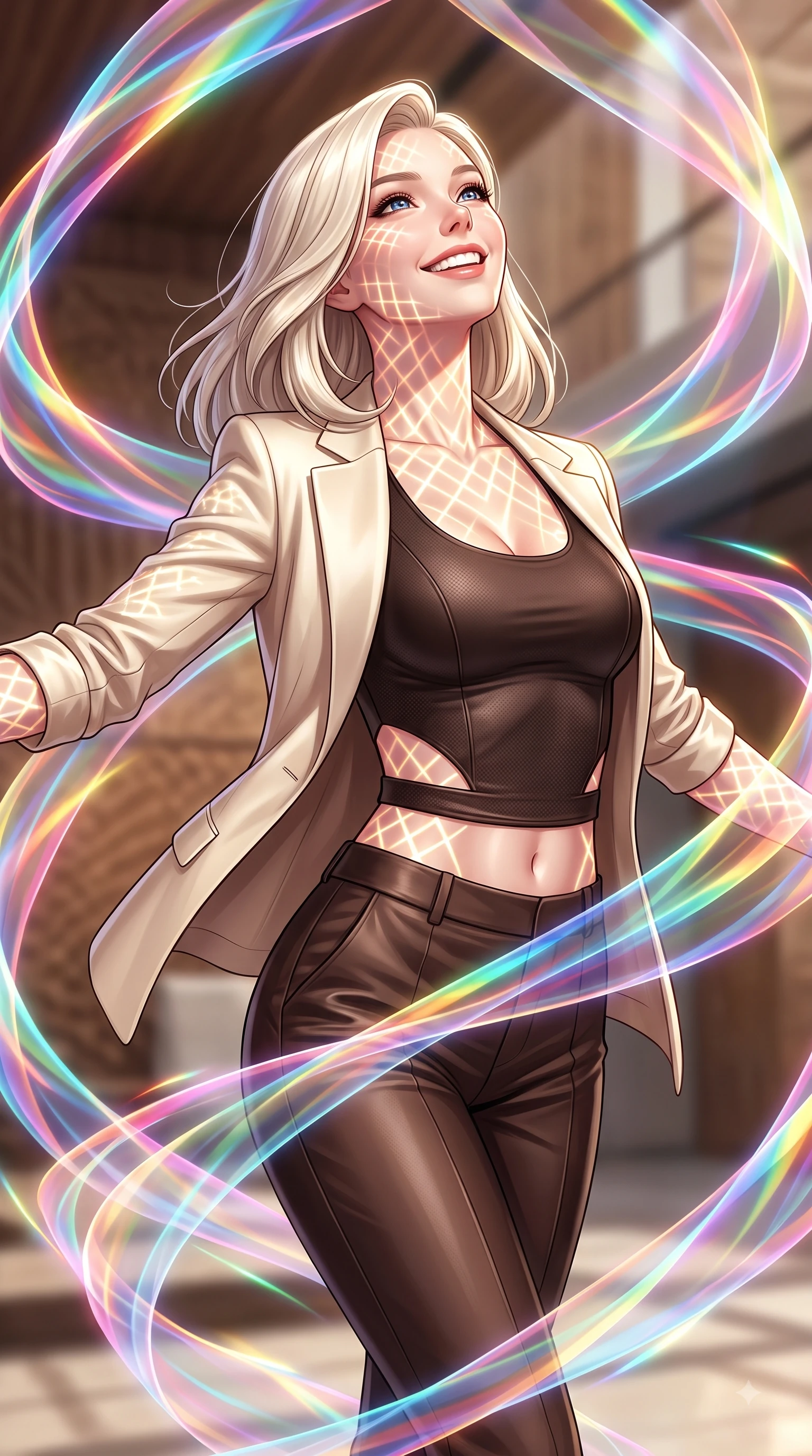 score_9, masterpiece, best quality, ultra-detailed, high-budget anime keyframe, editorial fashion photography, tasteful artistic composition, Caucasian woman. close-up cowboy shot from the waist and thighs up, the character dominates the composition, filling the frame with her large presence, background elements kept in soft focus. Tilting her chin up with a beaming smile of pure delight while balancing dynamically amidst the scene while spinning in mid-air as translucent rainbow silk ribbons swirl around her with joyful grace, intricate geometric lattice patterns of bright light projected onto her skin. She has an exceptionally elegant, slender, and willowy female figure with an ultra-slim waist, a gracefully sculpted slender torso, and a refined silhouette. sharp v-shaped jawline, high-bridge nose, intricate jewel-like eyes with depth, thick eyelashes, glossy lips with a natural sheen, flawlessly proportioned anatomical accuracy, natural body alignment, perfectly sculpted elegant limbs, clean dynamic posture without body distortion. wearing a tailored silk blazer over a form-contouring scoop-neck top and slacks in espresso brown and warm cream, made of fine carbon-fiber weave and soft matte leather, featuring subtle geometric cutouts that highlight her ultra-slim midriff, the tailored fabric tightly following every curve of her athletic build. illuminated by the brilliant glow of rainbow luminescent plasma threads. highly saturated vibrant anime colors, detailed shading with soft gradients, rich glossy textures, high-contrast stereoscopic depth, volumetric dynamic lighting, master piece, 9:16 ratio