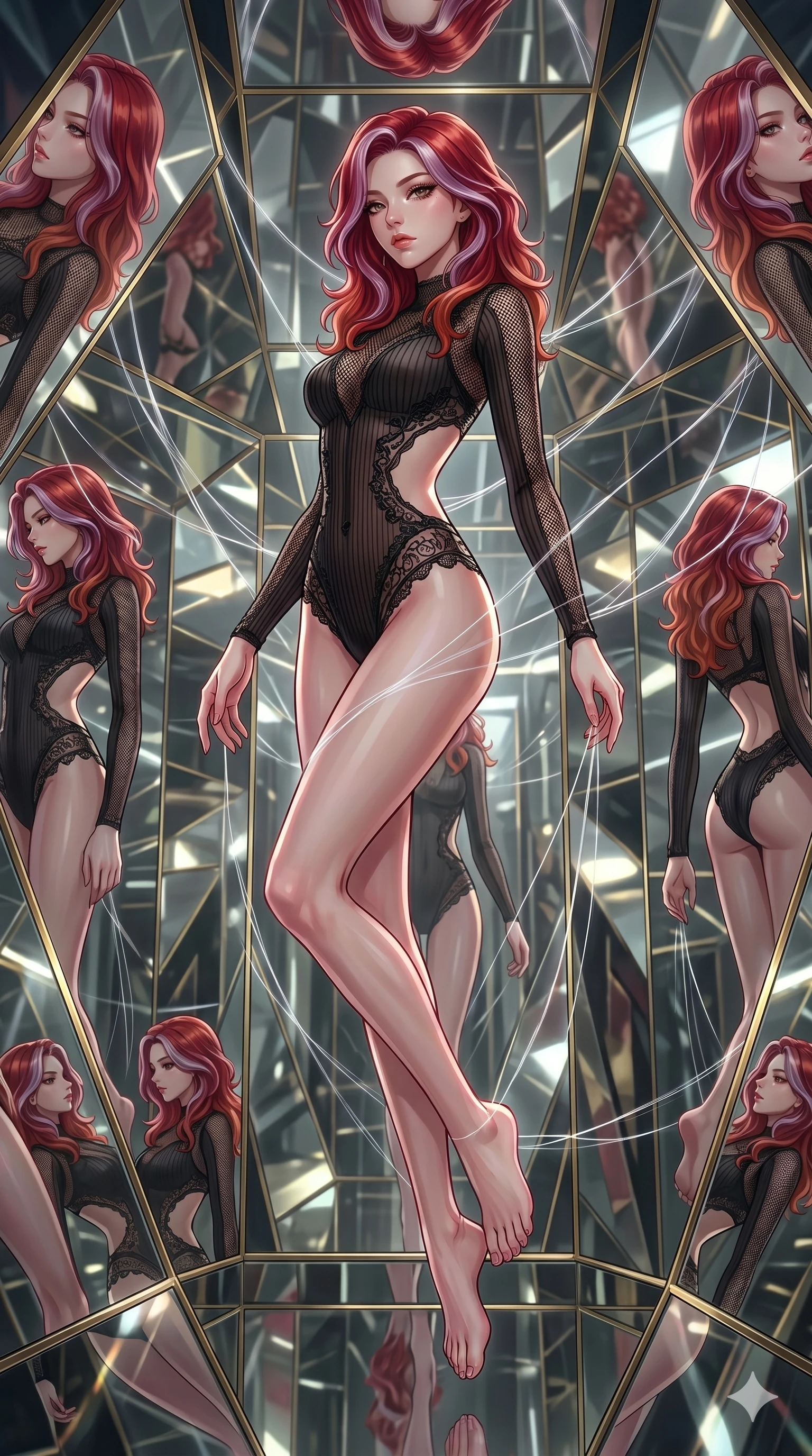 score_9, masterpiece, best quality, ultra-detailed, High-budget Anime Keyframe, East Asian woman. Dynamic full-body shot stretching the vertical silhouette to the limit. Scenario 266: Suspended by invisible silk threads in a hall of mirrors. Her presence is magnetic and overpowering in this high-budget anime scene. Outfit 266: A ribbed bodycon knit mesh with a strategic side cut-outs and delicate lace embroidery. The clothing is designed to emphasize her exceptionally tall and slender 8-heads proportion. 8-heads proportion, towering silhouette, ultra-slim waist. sharp v-shaped jawline, intricate jewel-like eyes with depth, thick eyelashes, glossy lips. 2k, ultra detail, master piece, 9:16 ratio