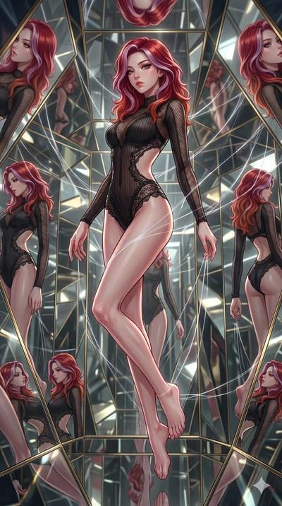 score_9, masterpiece, best quality, ultra-detailed, High-budget Anime Keyframe, East Asian woman. Dynamic full-body shot stretching the vertical silhouette to the limit. Scenario 266: Suspended by invisible silk threads in a hall of mirrors. Her pres