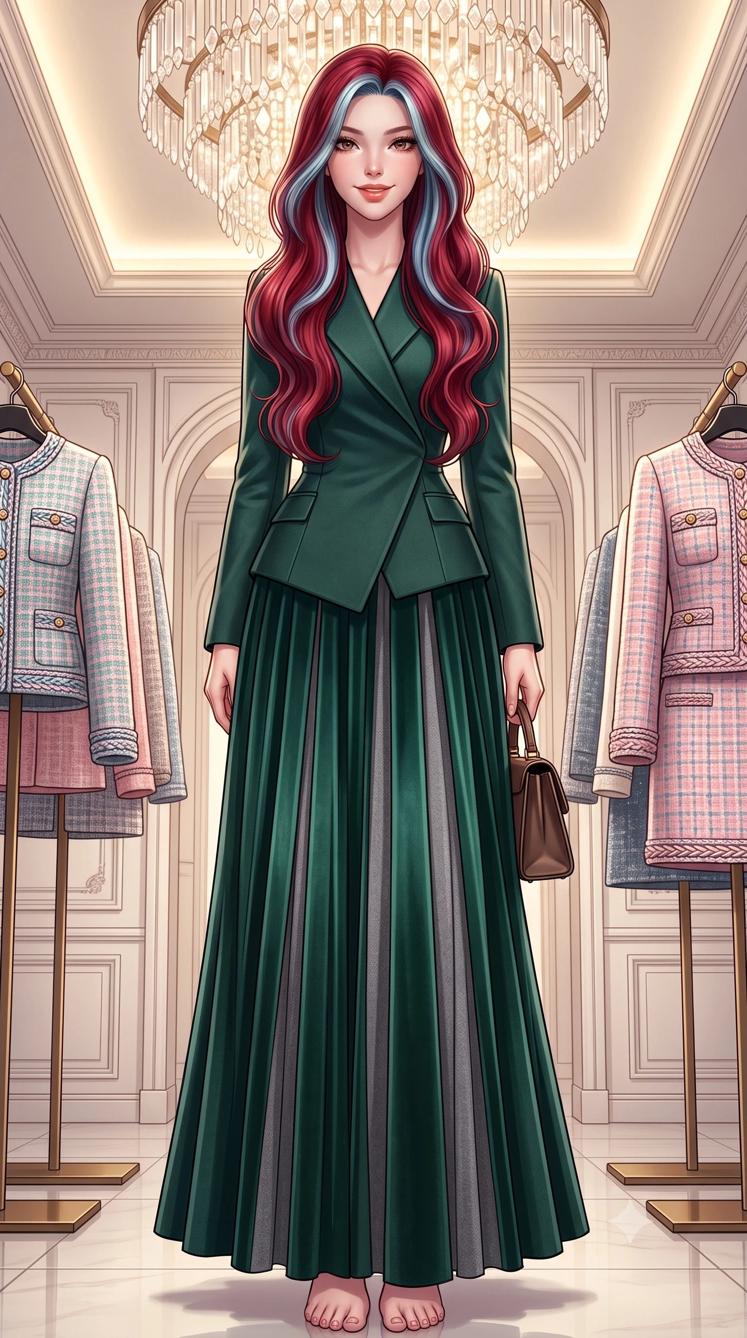 score_9, masterpiece, best quality, ultra-detailed, high-budget anime keyframe, semi-realistic 3D game render, editorial fashion photography, tasteful artistic composition, Caucasian woman. low angle full-body shot from head to toe showing her feet, filling the entire 9:16 vertical frame with her statuesque presence, stretching her vertical silhouette. pausing along the promenade and turning back toward the camera with an infectious, delightful smile and perfect posture while standing poised in the center of the palatial boutique salon beneath a cascading crystal chandelier, flashing a chic supermodel smile. The surrounding environment is rendered in vivid detail and crisp panoramic clarity: detailed Chanel-inspired pastel tweed jacket weave, braided trim borders, and premier Parisian interior architecture in razor-sharp precision. She has an exceptionally tall and slender model-like 8.5-heads proportion, an ultra-slim waist, a flat toned midriff, narrow delicate ribcage, and beautifully sculpted feminine hips creating a graceful, slim hourglass silhouette without any bulky heaviness, with impossibly long slender legs. sharp v-shaped jawline, high-bridge nose, intricate jewel-like sparkling eyes with depth, thick eyelashes, glossy parted lips with a natural peach sheen, bright cheerful beaming smile with an enchanting and coquettish sensual glint, exuding both youthful cute charm and seductive allure, flawlessly proportioned anatomical accuracy, strict slender model proportions, natural body alignment, perfectly sculpted long slender limbs, ultra-slim waistline, clean dynamic posture without body distortion. wearing an asymmetrical-wrap tailored wool jacket with clean geometric lines paired with a structured pleated maxi skirt in St. Moritz pine forest emerald and heather grey, crafted from rich cotton velvet with deep light-absorbing pile and soft gradients, finished with a structured leather top-handle mini bag resting gracefully at her side, the expertly draped wool fabric falling in crisp fluid lines along her tall 8.5-heads silhouette, celebrating her slender frame without excess fabric bulk. bathed in brilliant 3500K warm-white cove illumination and glittering multi-faceted crystal chandelier reflections. highly saturated vibrant anime colors, detailed shading with soft gradients, rich glossy textures, high-contrast stereoscopic depth, volumetric dynamic lighting, master piece, 9:16 ratio