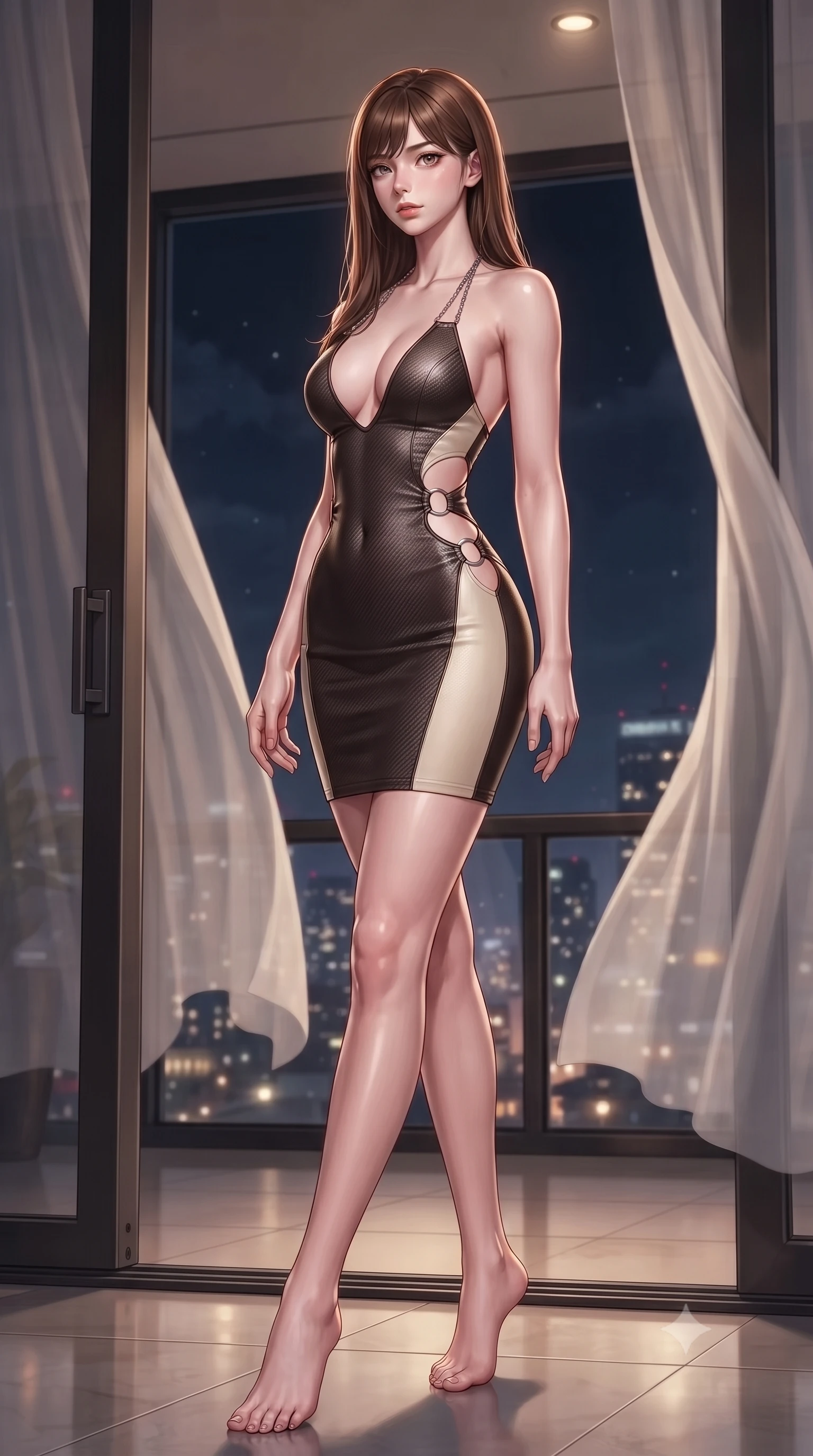 score_9, masterpiece, best quality, ultra-detailed, high-budget anime keyframe, editorial fashion photography, tasteful artistic composition, Korean woman. low angle full-body shot from head to toe showing her feet, filling the entire 9:16 vertical frame with her statuesque presence, stretching her vertical silhouette. navigating the luminous space with effortless poise, displaying her perfect model proportions standing by an open balcony door as night city breezes flutter silk drapes, glistening city skyline lights twinkling softly through the massive window. She has an absolutely perfect, statuesque 8.5-heads proportion, an exceptionally tall and slender model-like female figure with impossibly long slender legs and an ultra-slim waist. sharp v-shaped jawline, high-bridge nose, intricate jewel-like eyes with depth, thick eyelashes, glossy lips with a natural sheen. wearing a deep-scoop halter bodycon dress with hip cutouts connected by silver rings in espresso brown and warm cream, made of fine carbon-fiber weave and soft matte leather, adorned with delicate metallic chain straps along the neckline, the tailored fabric tightly following every curve of her athletic build. bathed in warm luxury ambient lighting and soft silver moonlight accents. highly saturated vibrant anime colors, detailed shading with soft gradients, rich glossy textures, high-contrast stereoscopic depth, volumetric dynamic lighting, master piece, 9:16 ratio