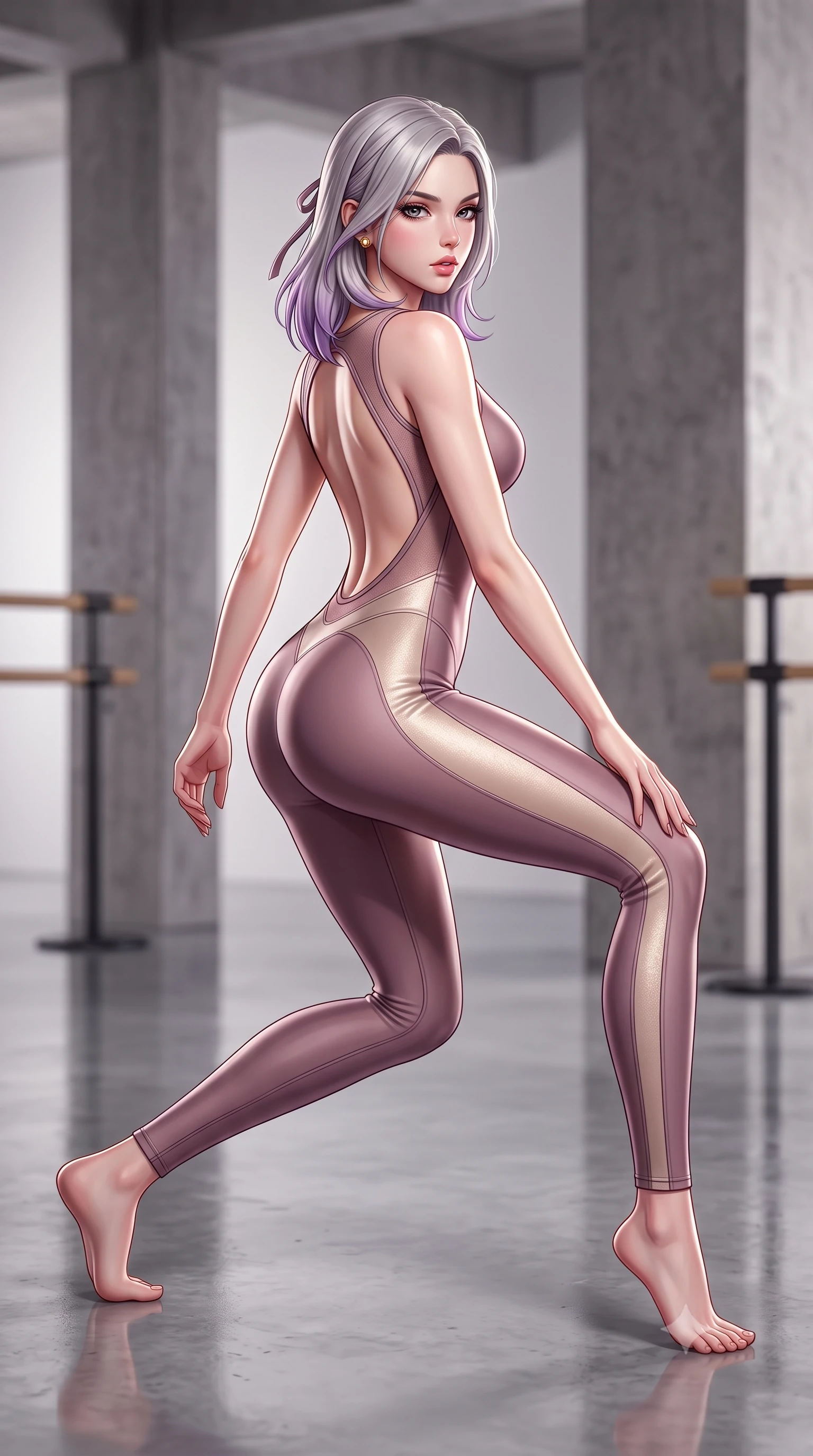 score_9, masterpiece, best quality, ultra-detailed, high-budget anime keyframe, semi-realistic 3D game render, editorial fashion photography, tasteful artistic composition, Caucasian woman. low angle full-body shot from head to toe showing her feet, filling the entire 9:16 vertical frame with her statuesque presence, stretching her vertical silhouette. striding forward in a proud supermodel runway stride, hips swaying in an alluring kinetic rhythm that accentuates her curvy hourglass silhouette while crouching in a low, balanced dancer plié on the reflective floor, her athletic feminine curves and toned hips creating a breathtaking line. The composition keeps background elements in soft focus with creamy bokeh. minimalist architectural concrete pillars and barre stands softened in clean artistic depth. She has an absolutely perfect, statuesque 8.5-heads proportion, an exceptionally tall and slender model-like female figure with impossibly long slender legs, a toned flat midriff, an ultra-slim waist, and beautifully sculpted feminine hips. sharp v-shaped jawline, high-bridge nose, intricate jewel-like eyes with depth, thick eyelashes, glossy parted lips with a natural sheen, intensely captivating and seductive bedroom-eyes expression, flawlessly proportioned anatomical accuracy, strict slender model proportions, natural body alignment, perfectly sculpted long slender limbs, ultra-slim waistline, clean dynamic posture without body distortion. wearing an aerodynamic compression bodysuit featuring a wide open back and reinforced hip contour seams in dusty mauve and champagne shimmer, tailored from breathable technical athletic mesh and liquid-finish track nylon, complemented by a delicate velvet hair ribbon and gold stud earrings, the precision-cut side openings and low-back scoop framing her graceful spine and the sensual sweep of her hips. illuminated by crisp specular rim lights accentuating her narrow waist, curved hips, and long legs. highly saturated vibrant anime colors, detailed shading with soft gradients, rich glossy textures, high-contrast stereoscopic depth, volumetric dynamic lighting, master piece, 9:16 ratio