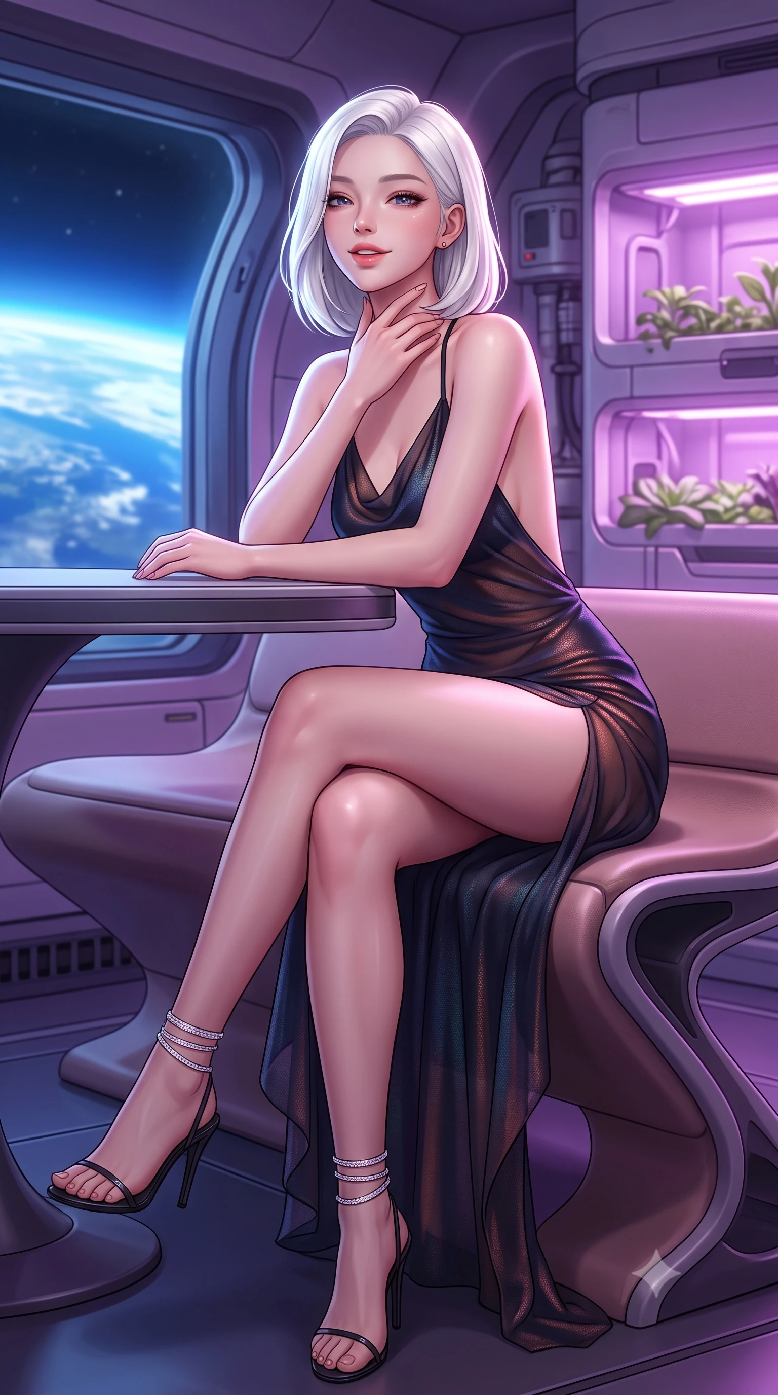 score_9, masterpiece, best quality, ultra-detailed, high-budget anime keyframe, semi-realistic 3D game render, editorial fashion photography, tasteful artistic composition, Korean woman. close-up cowboy shot from the waist and thighs up, the character dominates the composition, filling the frame with her large presence. resting one elbow on the table and supporting her chin, leaning close to the camera with heavy-lidded sparkling eyes and parted lips while sitting gracefully on the sculptured organic bench with legs crossed, running one manicured hand slowly along her neck with magnetic poise. The surrounding environment is rendered in vivid detail and crisp panoramic clarity: detailed ultra-daring sheer vinyl-trimmed illusion mesh catsuit, translucent cutouts, and sci-fi habitat craft in high resolution. She has an exceptionally elegant, slender, and willowy female figure with an ultra-slim waist, flat toned midriff, narrow ribcage, and sculpted feminine hips creating an alluring, slim hourglass silhouette without bulk. sharp v-shaped jawline, high-bridge nose, intricate jewel-like sparkling eyes with depth, thick eyelashes, glossy parted lips with a natural peach sheen, bright cheerful beaming smile with an enchanting and coquettish sensual glint, exuding both youthful cute charm and seductive allure, flawlessly proportioned anatomical accuracy, strict slender model proportions, natural body alignment, perfectly sculpted long slender limbs, ultra-slim waistline, clean dynamic posture without body distortion. wearing an alluring backless sheer holographic mesh slip dress with high thigh slit clinging smoothly to her dewy skin in Lofoten midnight obsidian and warm hearth copper, made of sheer gossamer chiffon that drapes softly against skin with airy translucence, complemented by strappy stiletto sandals with crystal ankle wraps accentuating her slender calves, the glove-like clinging cut tightly following the natural contour of her hips and long slender legs with youthful 8.5-heads elegance. bathed in the natural blue Earth-light spilling through orbital windows mixed with soft violet hydroponic grow lights. highly saturated vibrant anime colors, detailed shading with soft gradients, rich glossy textures, high-contrast stereoscopic depth, volumetric dynamic lighting, master piece, 9:16 ratio