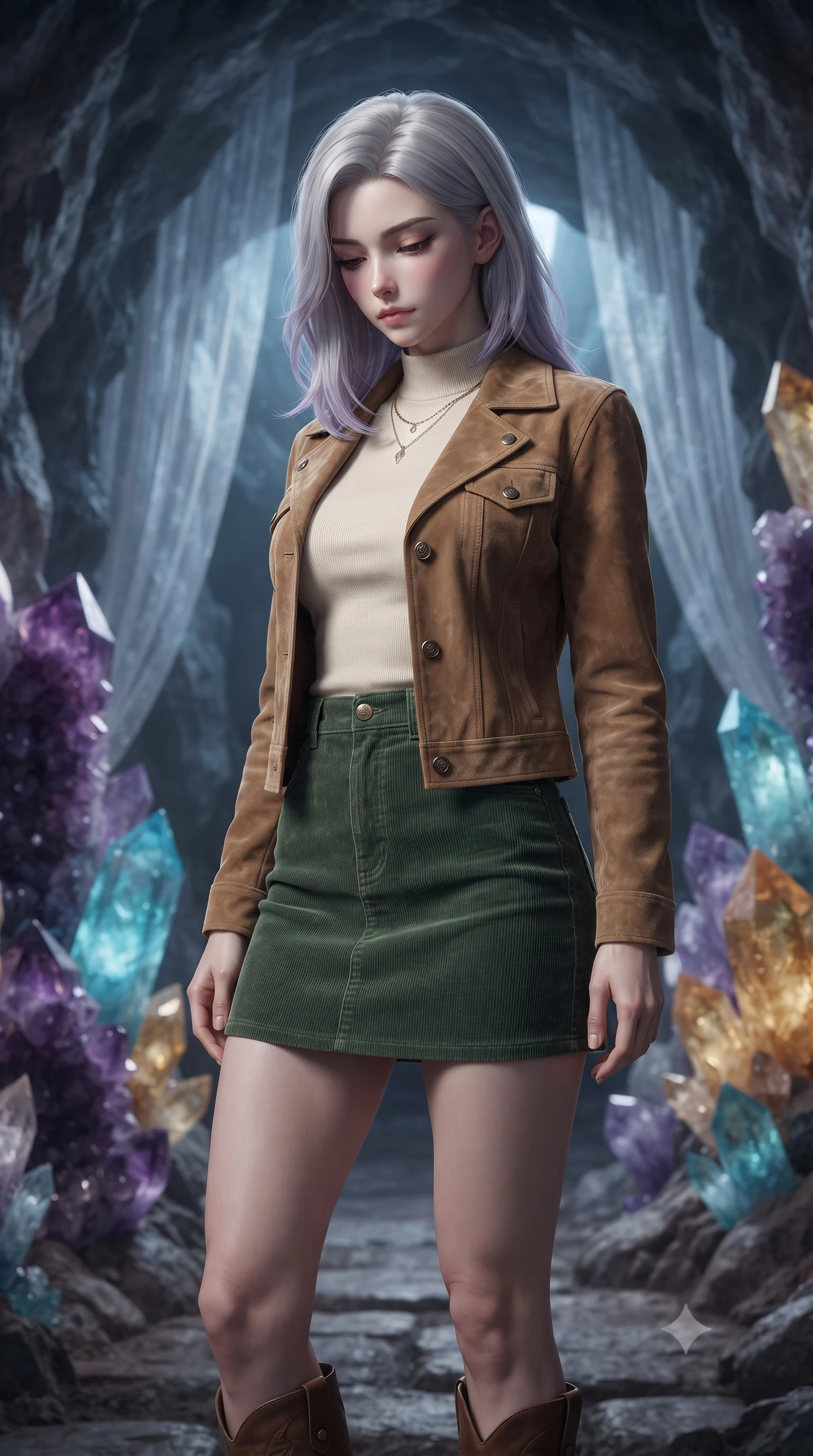 score_9, masterpiece, best quality, ultra-detailed, high-budget anime keyframe, editorial fashion photography, tasteful artistic composition, Caucasian woman, strictly human ears. close-up cowboy shot from the waist and thighs up, the character dominates the composition, filling the frame with her large presence, background elements kept in soft focus. Looking down with lowered lashes and a composed powerful expression. set against a soft-focus background of deep inside a hollowed-out asteroid whose rough stone walls are lined with enormous crystal formations in every imaginable color from deep violet amethyst to electric blue aquamarine to warm citrine gold. She has an exceptionally elegant and slender, willowy female figure with an ultra-slim waist, a gracefully sculpted slender torso, and a refined slim physique. sharp v-shaped jawline, high-bridge nose, intricate jewel-like eyes with depth, thick eyelashes, glossy lips with a natural sheen. wearing a rustic tan suede jacket over a cream mock-neck top and a forest green corduroy mini skirt. cold silver moonlight filtered through translucent gossamer curtains casting delicate shadows. 2k, ultra detail, master piece, 9:16 ratio