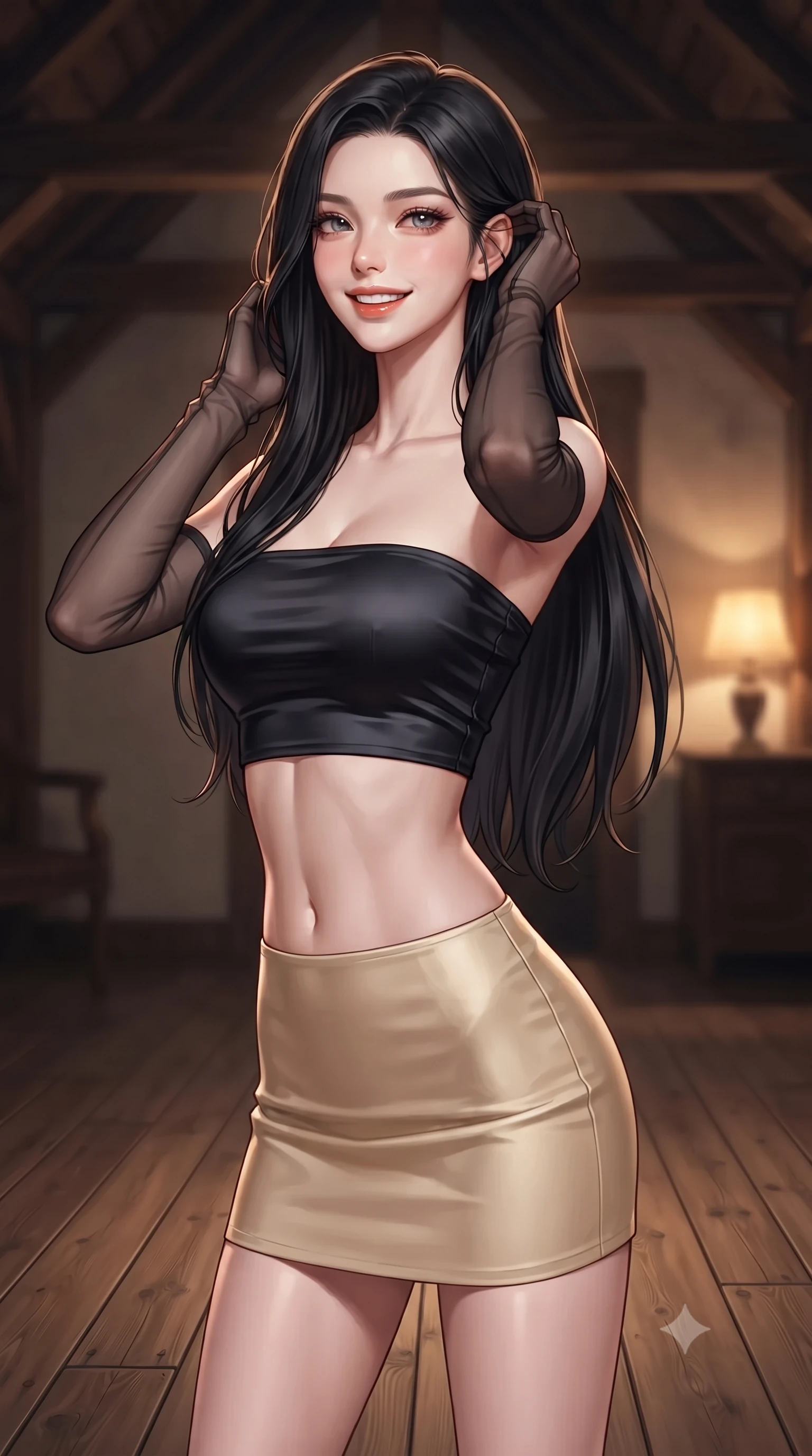 score_9, masterpiece, best quality, ultra-detailed, high-budget anime keyframe, editorial fashion photography, tasteful artistic composition, Korean woman. close-up cowboy shot from the waist and thighs up, the character dominates the composition, filling the frame with her large presence. gently brushing a lock of hair behind her ear while casting a playful, flirtatious side-gaze with long eyelashes while standing poised on the wide-plank oak floor beneath centuries-old exposed ship-timber roof trusses, arching her back with siren allure as evening lantern light flickers. The background shows a soft-focus warm studio lamp glow softened in historic Impressionist port shallow focus. She has an exceptionally elegant, slender, and willowy female figure with an ultra-slim waist, flat toned midriff, narrow ribcage, and sculpted feminine hips creating an alluring, slim hourglass silhouette without bulk. sharp v-shaped jawline, high-bridge nose, intricate jewel-like sparkling eyes with depth, thick eyelashes, glossy parted lips with a natural peach sheen, bright cheerful beaming smile with an enchanting and coquettish sensual glint, exuding both youthful cute charm and seductive allure, flawlessly proportioned anatomical accuracy, strict slender model proportions, natural body alignment, perfectly sculpted long slender limbs, ultra-slim waistline, clean dynamic posture without body distortion. wearing an ultra-cropped fitted bandeau top paired with a micro mini tennis skirt revealing her flat toned midriff in deep midnight obsidian black and champagne gold, crafted from fluid liquid silk satin that clings smoothly to her narrow waist and rounded hips with a dewy sheen, complemented by sheer opera-length evening gloves tracing her slender arms, the impeccably tailored cut draping gracefully along her slender figure with aristocratic poise. illuminated by oak floor bounce and sharp honey-gold rim lights defining her razor-sharp jawline, narrow waist, and curvy hips. ultra-reflective glossy finish, specular highlights, rich textural contrasts, high-contrast stereoscopic depth, volumetric dynamic lighting, 2k, ultra detail, master piece, 9:16 ratio