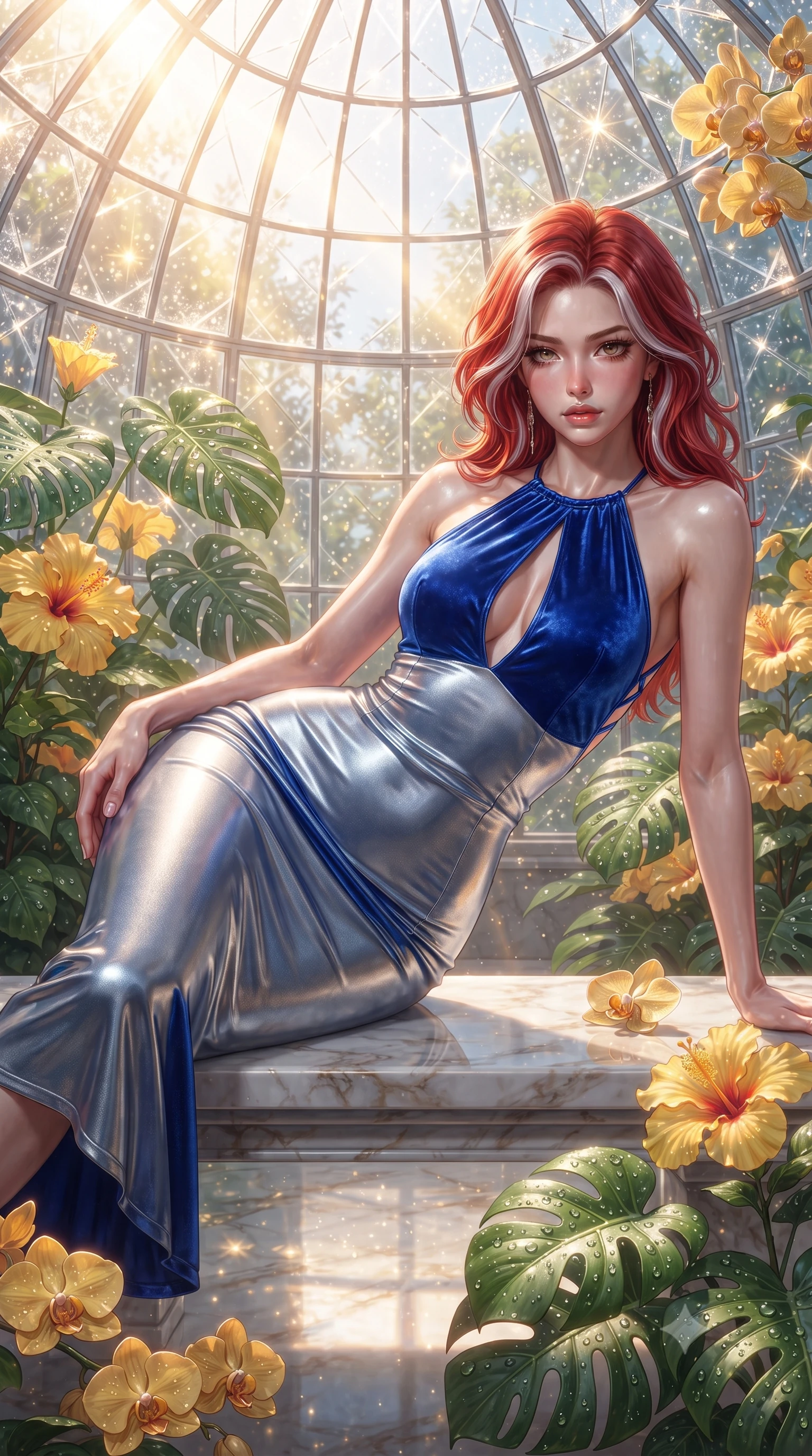 score_9, masterpiece, best quality, ultra-detailed, high-budget anime keyframe, editorial fashion photography, tasteful artistic composition, Caucasian woman. close-up cowboy shot from the waist and thighs up, the character dominates the composition, filling the frame with her large presence. gazing directly into the lens with bedroom eyes and a breathtaking, dangerous allure that commands the entire composition while reclining along a polished marble bench surrounded by blooming yellow hibiscus with an alluring smoldering gaze. The surrounding environment is rendered in vivid detail and crisp panoramic clarity. intricate crystal glasshouse dome architecture, dewdrop details on Monstera leaves, and golden orchid petals in deep focus. She has an exceptionally elegant, slender, and willowy female figure with an ultra-slim waist, a gracefully sculpted slender torso, toned flat midriff, and a refined slim silhouette. sharp v-shaped jawline, high-bridge nose, intricate jewel-like eyes with depth, thick eyelashes, glossy lips with a natural sheen, flawlessly proportioned anatomical accuracy, strict slender model proportions, natural body alignment, perfectly sculpted long slender limbs, ultra-slim waistline, clean dynamic posture without body distortion. wearing a velvet halter-neck midi dress fitting her statuesque contour flawlessly with a Tasteful chest slit and open spine in liquid electric cobalt blue and polished silver, made of liquid metal jersey that clings flawlessly to every contour of her build, complemented by criss-cross back straps highlighting her completely bare spine, the form-contouring material adhering flawlessly to her sculpted flat midriff and slender torso, emphasizing her long leg lines and perfectly proportioned willowy build. bathed in intense volumetric golden sunbeams streaming through crystalline glass dome panes. ultra-reflective glossy finish, specular highlights, metallic sheen, high-contrast stereoscopic depth, volumetric dynamic lighting, 2k, ultra detail, master piece, 9:16 ratio