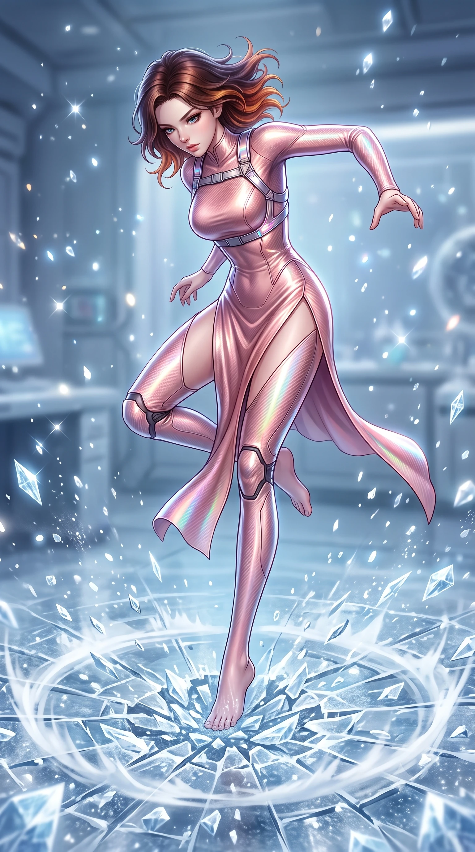 score_9, masterpiece, best quality, ultra-detailed, high-budget anime keyframe, semi-realistic 3D game render, editorial fashion photography, tasteful artistic composition, Korean woman. low angle full-body shot from head to toe showing her feet, filling the entire 9:16 vertical frame with her statuesque presence, stretching her vertical silhouette. leaping into mid-air with an athletic yet alluring arch of her spine, driving a downward kinetic strike surrounded by a ring of displaced air while stomping forcefully onto the frozen laboratory floor, sending a radial shockwave of shattered ice and diamond frost across the room. The composition keeps background elements in soft focus with creamy bokeh. glistening diamond ice crystals scattering bright specular light motes across a cool backdrop. She has an absolutely perfect, statuesque 8.5-heads proportion, an exceptionally tall and slender model-like female figure with impossibly long slender legs, a toned flat midriff, and an ultra-slim waist. sharp v-shaped jawline, high-bridge nose, intricate jewel-like eyes with depth, thick eyelashes, glossy lips with a natural sheen, flawlessly proportioned anatomical accuracy, strict slender model proportions, natural body alignment, perfectly sculpted long slender limbs, ultra-slim waistline, clean dynamic posture without body distortion. wearing a form-fitting luminous rose-gold carbon combat gown with tactical high leg slits and flexible kinetic knee articulation in high-gloss iridescent rainbow carbon with prism holographic sheen, crafted from ultra-strong woven carbon-fiber composite with a satin luster, reinforced by a sleek titanium kinetic harness and glowing micro-energy straps, the liquid-tight tailored fabric emphasizing every curve of her tall, slender model proportions and sculptured silhouette during dynamic movement. surrounded by a cool, lethal, and breathtakingly alluring frost-martial-goddess aura. rich saturated anime colors with glowing neon highlights, detailed shading with soft gradients, rich glossy textures, high-contrast stereoscopic depth, volumetric dynamic lighting, master piece, 9:16 ratio