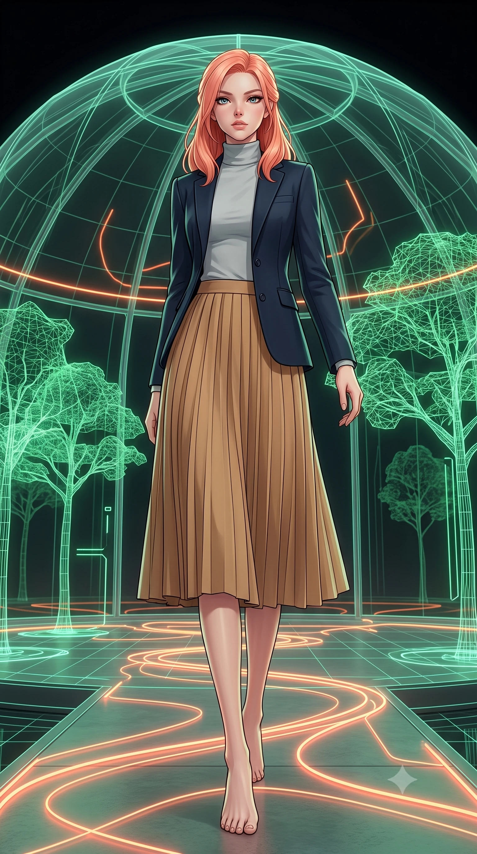 score_9, masterpiece, best quality, ultra-detailed, high-budget anime keyframe, editorial fashion photography, tasteful artistic composition, Japanese woman. low angle full-body shot from head to toe showing her feet, filling the entire 9:16 vertical frame with her statuesque presence, stretching her vertical silhouette. navigating with fluid, playful motion through inside a minimalist glass dome with floating green wireframe trees and glowing neon orange status lines tracing the ground. She has a statuesque 8.5-heads proportion, an exceptionally tall, slender and willowy model-like build with impossibly long legs and a highly sculpted ultra-slim waist. sharp v-shaped jawline, high-bridge nose, intricate jewel-like eyes with depth, thick eyelashes, glossy lips with a natural sheen. wearing a sleek slim-fit navy blazer layered over a light grey turtleneck and a tailored pleated camel midi skirt. cool green wireframe glow combined with warm neon orange lines, creating a high-tech greenhouse lighting setup. 2k, ultra detail, master piece, 9:16 ratio