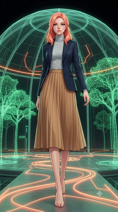 score_9, masterpiece, best quality, ultra-detailed, high-budget anime keyframe, editorial fashion photography, tasteful artistic composition, Japanese woman. low angle full-body shot from head to toe showing her feet, filling the entire 9:16 vertical