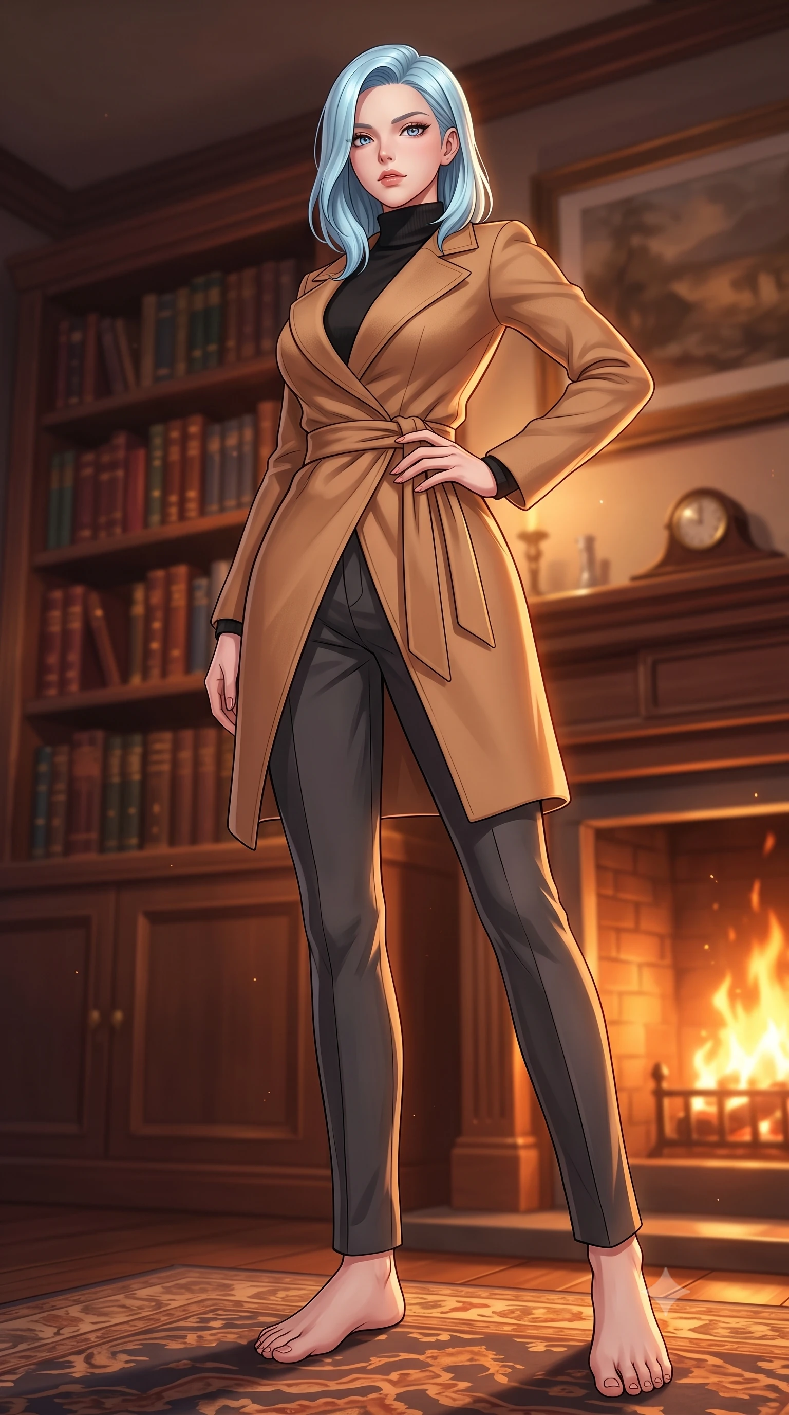 score_9, masterpiece, best quality, ultra-detailed, high-budget anime keyframe, tasteful artistic composition, Korean woman. low angle full-body shot from head to toe showing her feet, filling the entire 9:16 vertical frame with her statuesque presence, stretching her vertical silhouette. posing confidently with one hand on her hip, stretching her statuesque body to emphasize her curves the background shows a soft-focus a cozy personal study chamber lined with leather-bound books and a crackling fireplace. She has an absolutely perfect, statuesque 8.5-heads proportion, an exceptionally tall and slender model-like female figure with impossibly long slender legs and an ultra-slim waist. sharp v-shaped jawline, high-bridge nose, intricate jewel-like eyes with depth, thick eyelashes, glossy lips with a natural sheen. wearing a body-hugging warm camel-colored wrap coat over a black turtleneck sweater and charcoal slacks. the warm orange flicker of the hearth fire casting intimate shadows on the rug. highly saturated vibrant anime colors, cel-shading, 2d style, master piece, 9:16 ratio