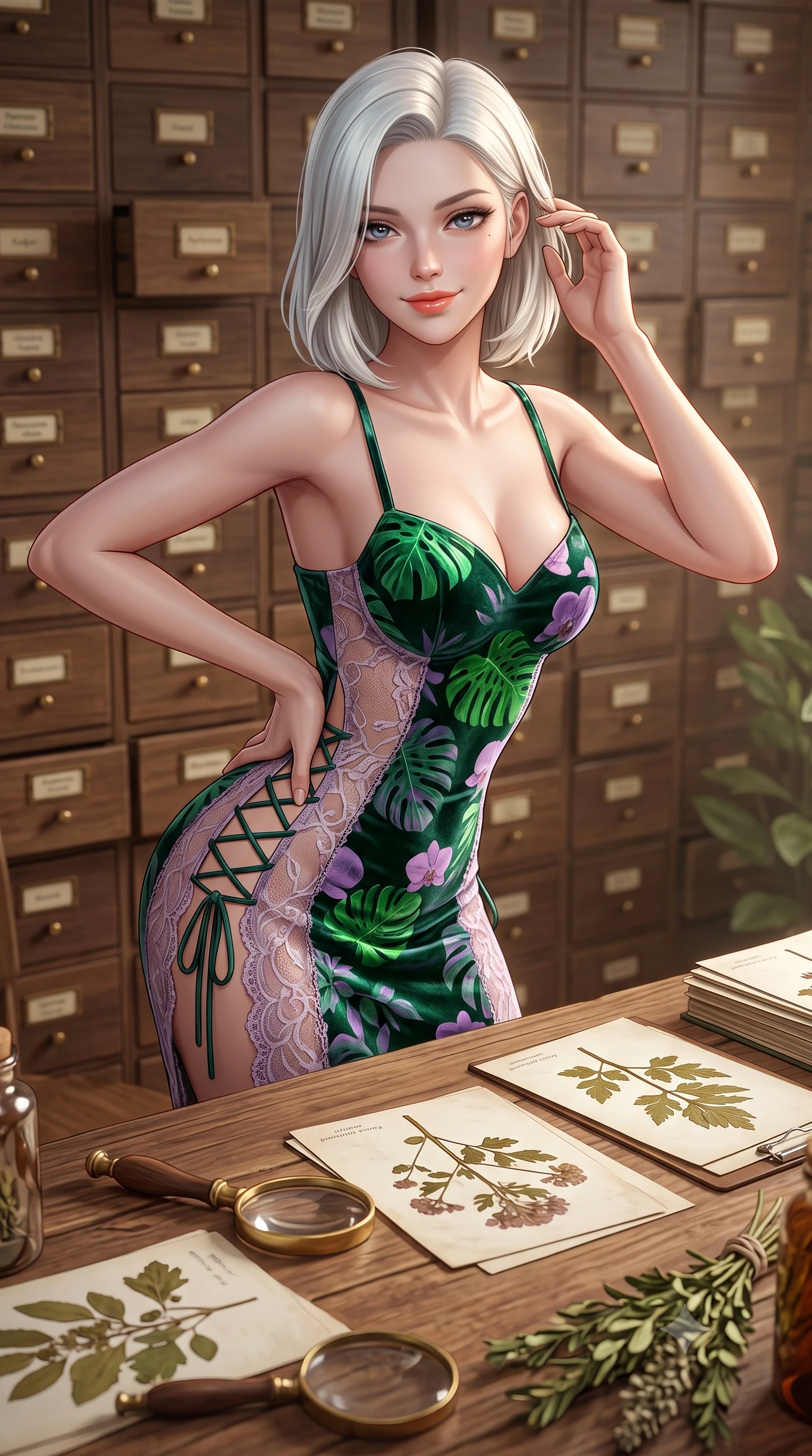 score_9, masterpiece, best quality, ultra-detailed, high-budget anime keyframe, semi-realistic 3D game render, editorial fashion photography, tasteful artistic composition, Caucasian woman. close-up cowboy shot from the waist and thighs up, the character dominates the composition, filling the frame with her large presence. twisting her slender torso in an alluring contrapposto stance, one hand resting on her sculpted hip while her fingers toy with her hair with effortless poise while leaning over the large wooden study desk while arching her lower back to accentuate her curvy hips, examining pressed botanical specimens. The background shows a soft-focus hundreds of labelled wooden herbarium drawers, vintage brass magnifying glasses, and drying herbs blurred into walnut, sage, and parchment bokeh. She has an exceptionally elegant, slender, and willowy female figure with an ultra-slim waist, flat toned midriff, narrow ribcage, and sculpted feminine hips creating an alluring, slim hourglass silhouette without bulk. sharp v-shaped jawline, high-bridge nose, sparkling eyes with hypnotic seductive depth, thick curled eyelashes, glossy parted lips with a natural dewy peach sheen, alluring bedroom-eyes with an enchanting coquettish smile, exuding magnetic siren charisma and sophisticated glamour, flawlessly proportioned anatomical accuracy, strict slender model proportions, natural body alignment, perfectly sculpted long slender limbs, ultra-slim waistline, clean dynamic posture without body distortion. wearing a deep sweetheart-neckline velvet bodycon dress with sheer side-torso cutouts accentuating her hourglass curves in vibrant jungle monstera green and dewy orchid lavender, made of delicate semi-sheer French Chantilly lace with intricate eyelash edges, featuring fine criss-cross lace-up side ties revealing tantalizing glimpses of her hip curve, the precision-cut side openings and low-back scoop framing her graceful spine and the sensual sweep of her slim, toned hips. illuminated by parchment reflection fill and sharp warm-amber rim lights defining her delicate clavicles, narrow waist, and curvy hips. highly saturated vibrant anime colors, detailed shading with soft gradients, rich glossy textures, high-contrast stereoscopic depth, volumetric dynamic lighting, master piece, 9:16 ratio