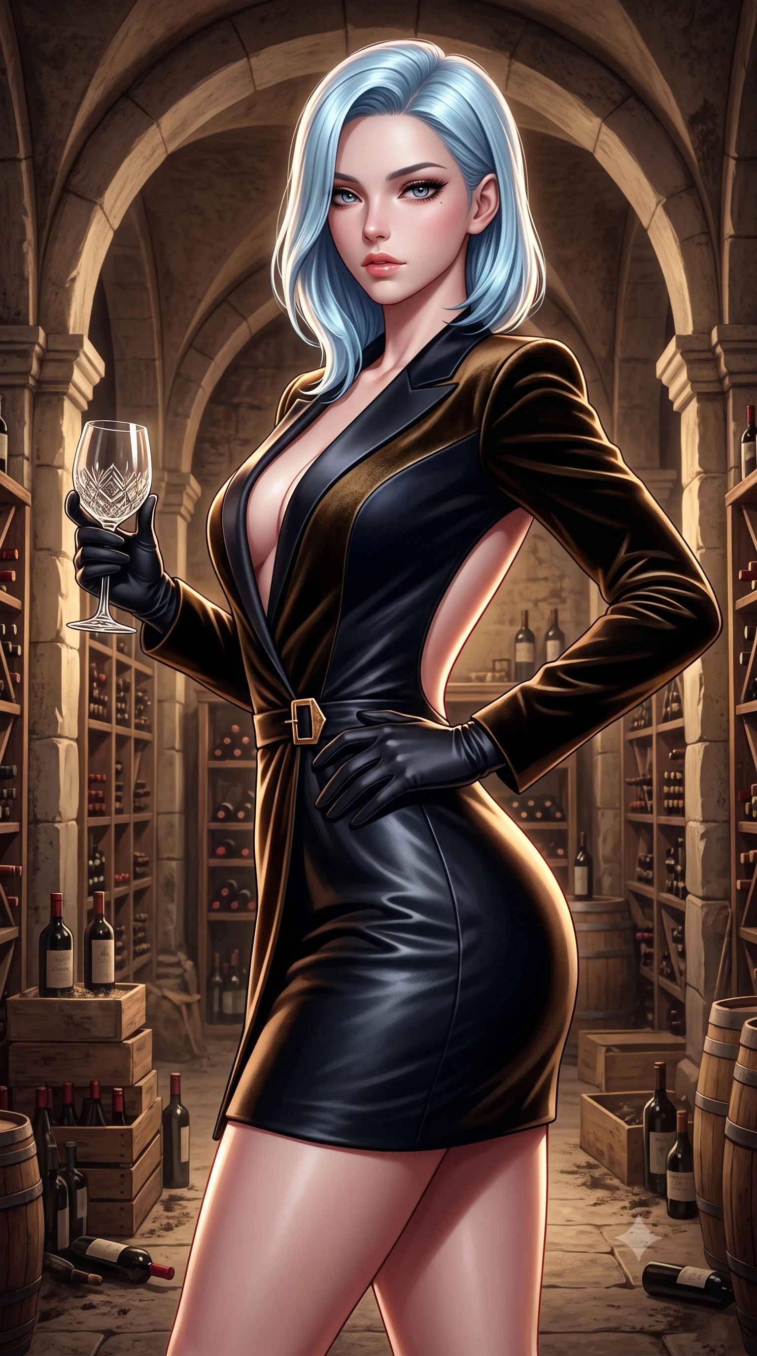 score_9, masterpiece, best quality, ultra-detailed, high-budget anime keyframe, semi-realistic 3D game render, editorial fashion photography, tasteful artistic composition, Korean woman. close-up cowboy shot from the waist and thighs up, the character dominates the composition, filling the frame with her large presence. arching her spine backward with effortless dancer poise, one hand sliding along her hip line as directional light carves specular highlights along her silhouette while standing poised between towering limestone arches and dusty vintage wine racks, twisting her torso in a deep contrapposto stance to display her feminine hourglass curves. The surrounding environment is rendered in vivid detail and crisp panoramic clarity. rich high-contrast French château chiaroscuro and decadent underground winery aesthetics rendered with precision. She has an exceptionally elegant, slender, and willowy female figure with an ultra-slim waist, a gracefully sculpted slender torso, toned flat midriff, and rounded feminine hips creating an alluring hourglass silhouette. sharp v-shaped jawline, high-bridge nose, intricate jewel-like eyes with depth, thick eyelashes, glossy parted lips with a natural sheen, intensely captivating and seductive bedroom-eyes expression, flawlessly proportioned anatomical accuracy, strict slender model proportions, natural body alignment, perfectly sculpted long slender limbs, ultra-slim waistline, clean dynamic posture without body distortion. wearing a tailored velvet tuxedo jacket dress with satin lapels, worn with a deep plunge neckline and gold hip buckle in midnight obsidian black and antique bronze, crafted from second-skin supple lambskin leather with liquid drape, accessorized with opera-length black satin gloves and a vintage crystal wine goblet, the dramatically scooped open back descending to the base of her spine, accentuating her razor-sharp statuesque lines and curvy hourglass silhouette. surrounded by an opulent, intimate, and dangerously intoxicating vintage wine empress aura. highly saturated vibrant anime colors, detailed shading with soft gradients, rich glossy textures, high-contrast stereoscopic depth, volumetric dynamic lighting, master piece, 9:16 ratio