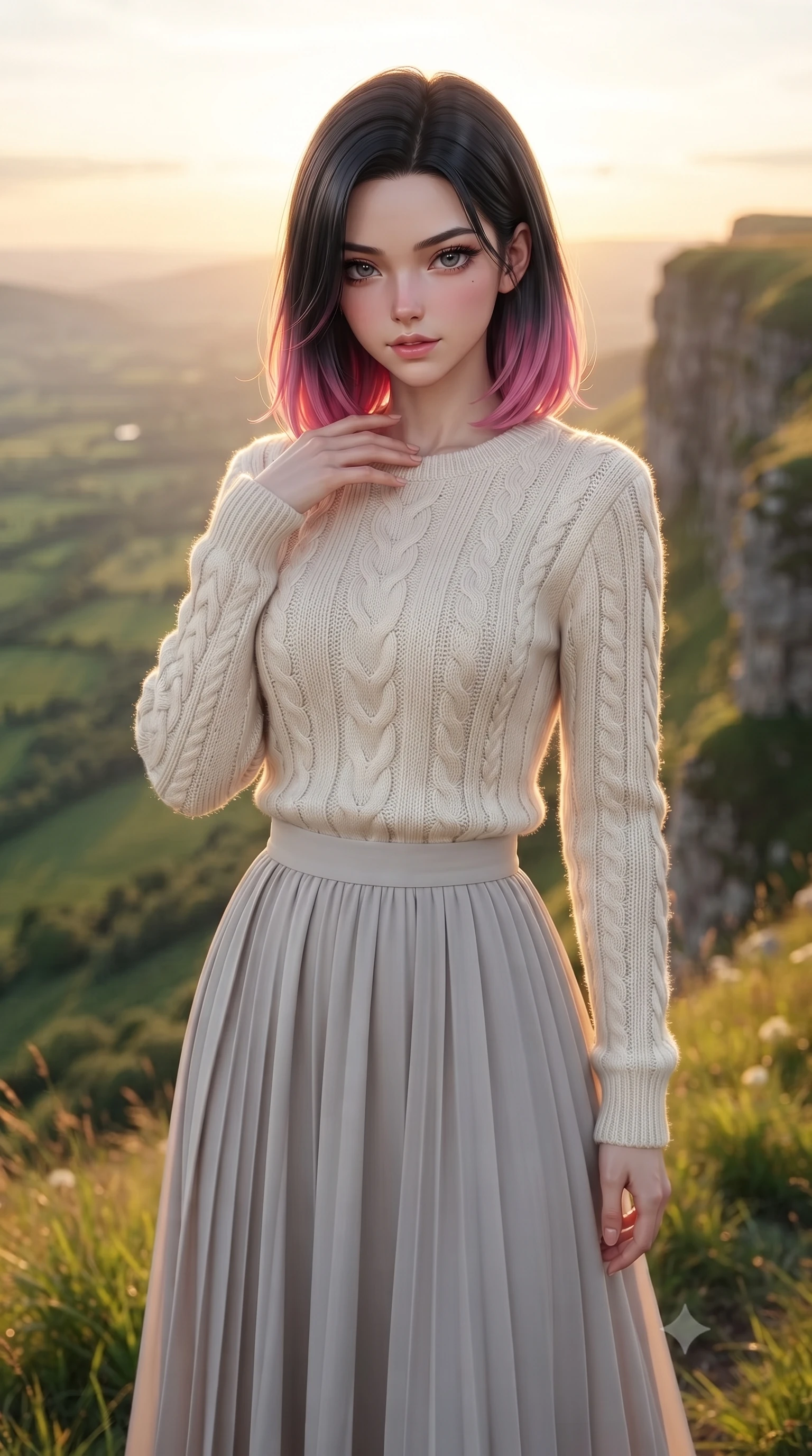 score_9, masterpiece, best quality, ultra-detailed, high-budget anime keyframe, editorial fashion photography, tasteful artistic composition, Korean woman woman. close-up cowboy shot from the waist and thighs up, the character dominates the composition, filling the frame with her large presence, background elements kept in soft focus. standing with one hand resting on her collarbone, looking at the viewer with bedroom-eyes the background shows a soft-focus a grassy meadow on top of a mountain cliff overlooking a wide green valley. She has an exceptionally elegant, slender, and willowy female figure with an ultra-slim waist, a gracefully sculpted slender torso, and a refined silhouette. sharp v-shaped jawline, high-bridge nose, intricate jewel-like eyes with depth, thick eyelashes, glossy lips with a natural sheen. wearing a slim-fit cozy cable-knit sweater in ivory, paired with a pleated light grey midi skirt. warm golden sunset light casting a majestic rim light on her silhouette. ultra-reflective glossy finish, specular highlights, metallic sheen, high-contrast stereoscopic depth, volumetric dynamic lighting, 2k, ultra detail, master piece, 9:16 ratio