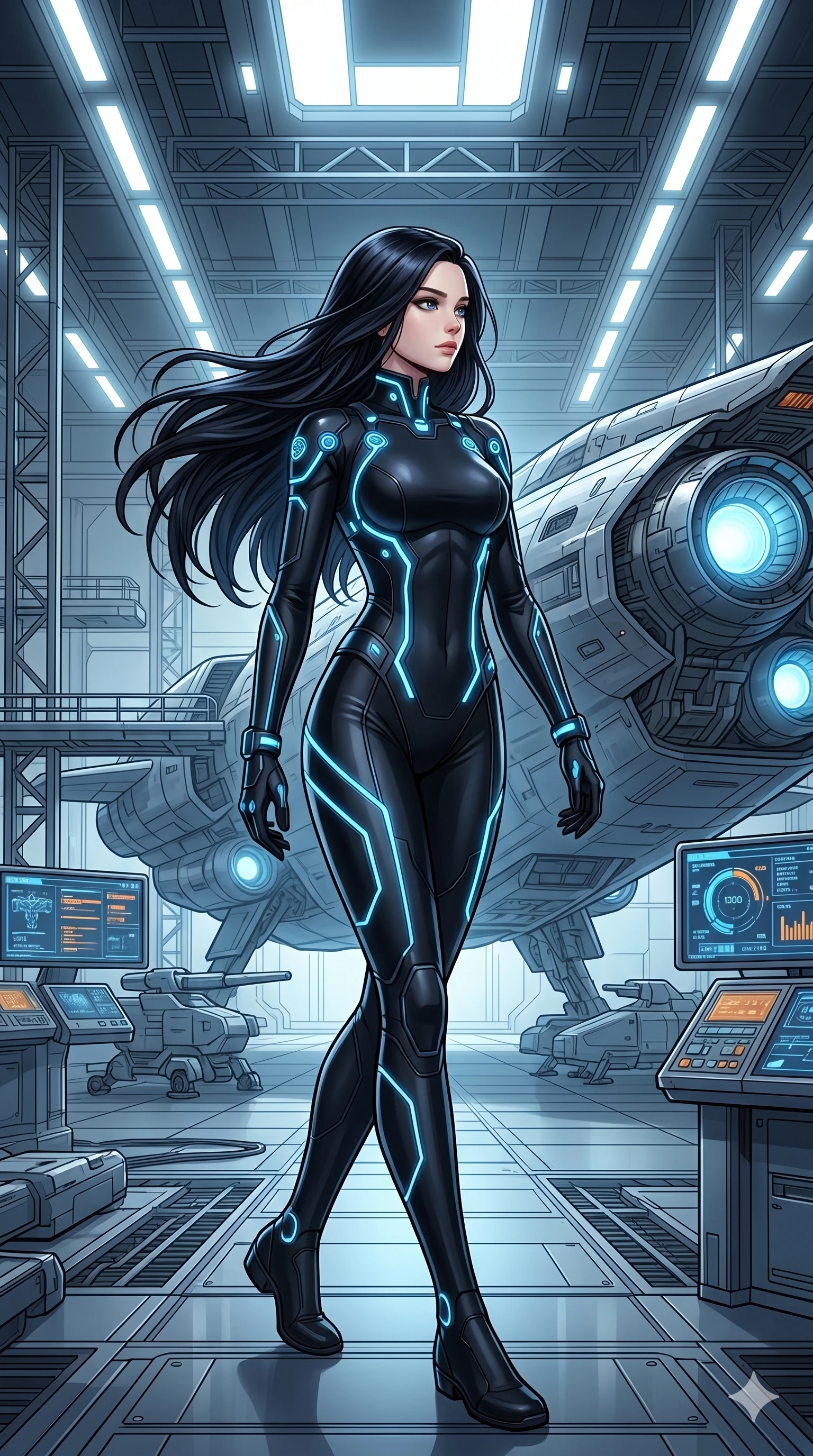 score_9, score_8_up, score_7_up, source_anime, masterpiece, best quality, ultra-detailed, same character with long flowing black hair, wearing a sleek black sci-fi pilot plugsuit with glowing neon blue accents, full body shot walking confidently towards a massive futuristic spaceship, high-tech hangar bay, bright sterile white lights, 2k, 9:16 ratio