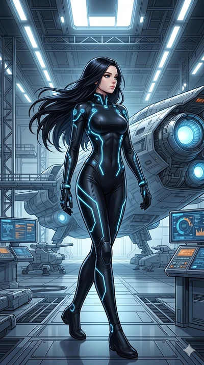 score_9, score_8_up, score_7_up, source_anime, masterpiece, best quality, ultra-detailed, same character with long flowing black hair, wearing a sleek black sci-fi pilot plugsuit with glowing neon blue accents, full body shot walking confidently towa