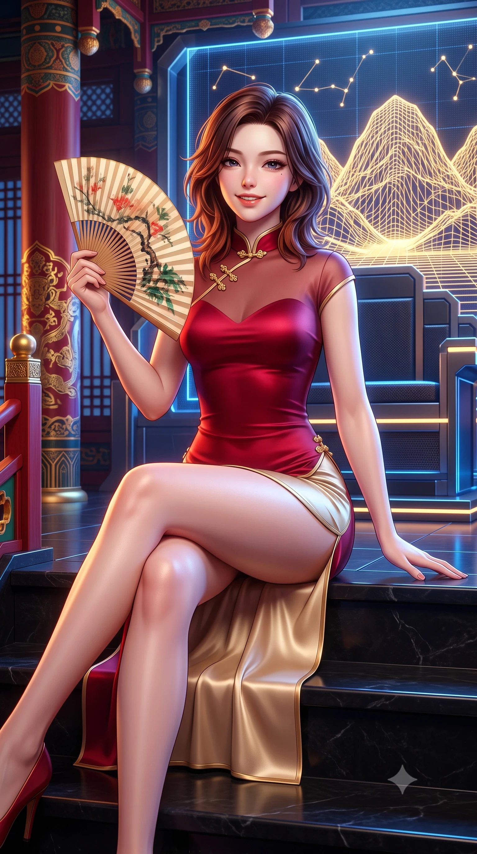 score_9, masterpiece, best quality, ultra-detailed, high-budget anime keyframe, semi-realistic 3D game render, editorial fashion photography, tasteful artistic composition, Korean woman. close-up cowboy shot from the waist and thighs up, the character dominates the composition, filling the frame with her large presence. playfully unfurling a painted silk fan toward the lens, her radiant smile capturing fresh girlhood charm while her arched torso reveals an intoxicating hip contour while sitting poised on the royal throne steps with legs crossed, her tailored modern hanbok gown radiating majestic high-fashion charisma. The surrounding environment is rendered in vivid detail and crisp panoramic clarity: sharp red-and-gold royal column lacquer, holographic mountain wireframe lines, and polished black stone dais steps in deep focus. She has an exceptionally elegant, slender, and willowy female figure with an ultra-slim waist, flat toned midriff, narrow ribcage, and sculpted feminine hips creating an alluring, slim hourglass silhouette without bulk. sharp v-shaped jawline, high-bridge nose, intricate jewel-like dark sparkling almond eyes with depth, thick lashes, glossy parted lips with a natural rose-plum sheen, bright alluring and coquettish smile with bedroom-eyes, exuding both timeless oriental elegance and sovereign high-fashion allure, flawlessly proportioned anatomical accuracy, strict slender model proportions, natural body alignment, perfectly sculpted long slender limbs, ultra-slim waistline, clean dynamic posture without body distortion. wearing a delicate semi-sheer floral chiffon kaftan slip dress layered over a matching silk slip, accentuating her slender waist and hips in royal crimson red and lustrous champagne gold, made of supple second-skin stretch silk jersey clinging flawlessly to her form, accented with intricate gold frog buttons and a delicate mandarin collar, the high-waisted wrap tailoring accentuating her ultra-slim waistline and the enchanting curve of her feminine hips with alluring oriental charm. bathed in majestic royal gold and sapphire light radiating from the holographic throne backdrop. highly saturated vibrant anime colors, detailed shading with soft gradients, rich glossy textures, high-contrast stereoscopic depth, volumetric dynamic lighting, master piece, 9:16 ratio