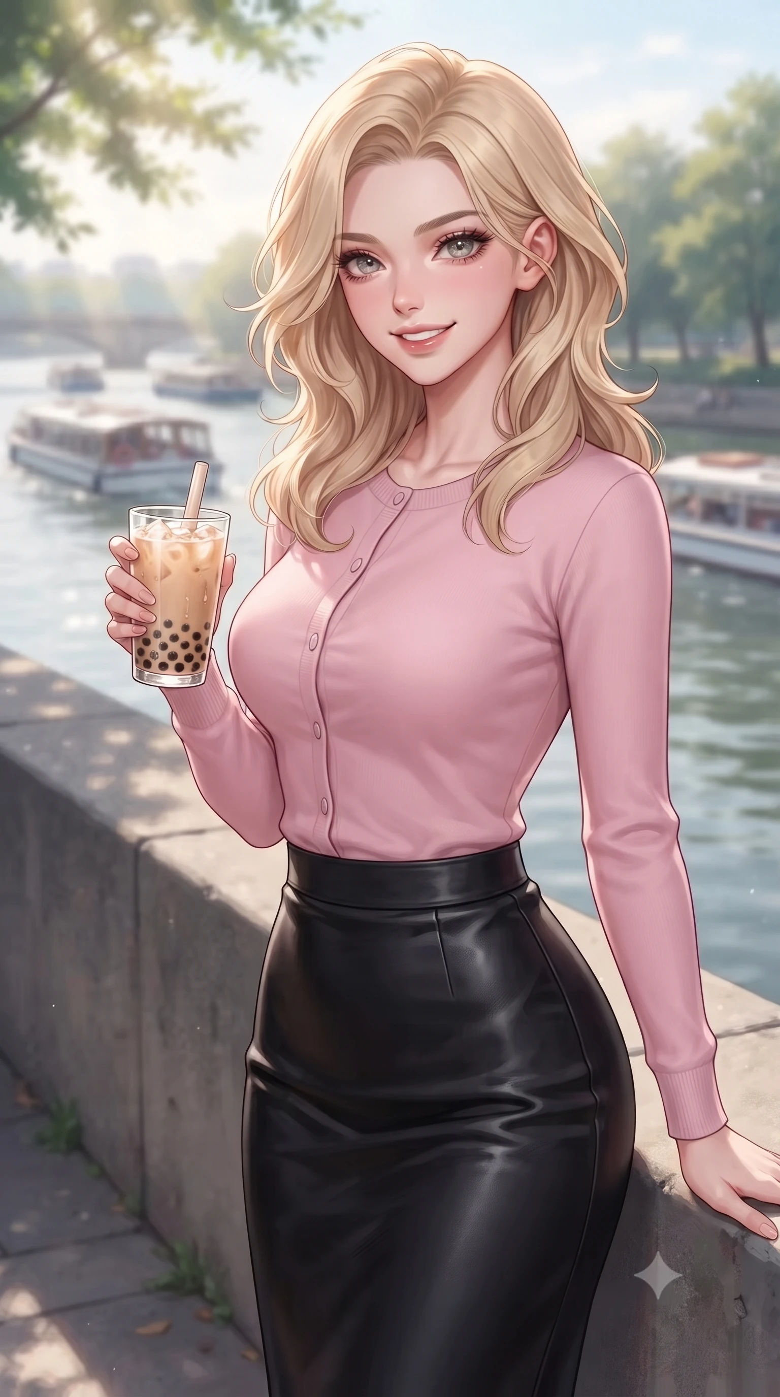 score_9, masterpiece, best quality, ultra-detailed, high-budget anime keyframe, editorial fashion photography, tasteful artistic composition, Caucasian woman. close-up cowboy shot from the waist and thighs up, the character dominates the composition, filling the frame with her large presence, background elements kept in soft focus. smiling with cute and bright self-assurance, looking directly at the viewer set against a soft-focus background of on a concrete river embankment overlooking passing leisure boats holding a glass of iced bubble tea with a cheerful expression. She has an exceptionally elegant, slender, and willowy female figure with an ultra-slim waist, a gracefully sculpted slender torso, and a refined silhouette. sharp v-shaped jawline, high-bridge nose, intricate jewel-like eyes with depth, thick eyelashes, glossy lips with a natural sheen. wearing tailored tight-fitting cashmere cardigan closed, paired with a sleek leather midi skirt. soft afternoon sunbeams creating a peaceful, quiet country atmosphere. highly saturated vibrant anime colors, detailed shading with soft gradients, rich glossy textures, high-contrast stereoscopic depth, volumetric dynamic lighting, master piece, 9:16 ratio