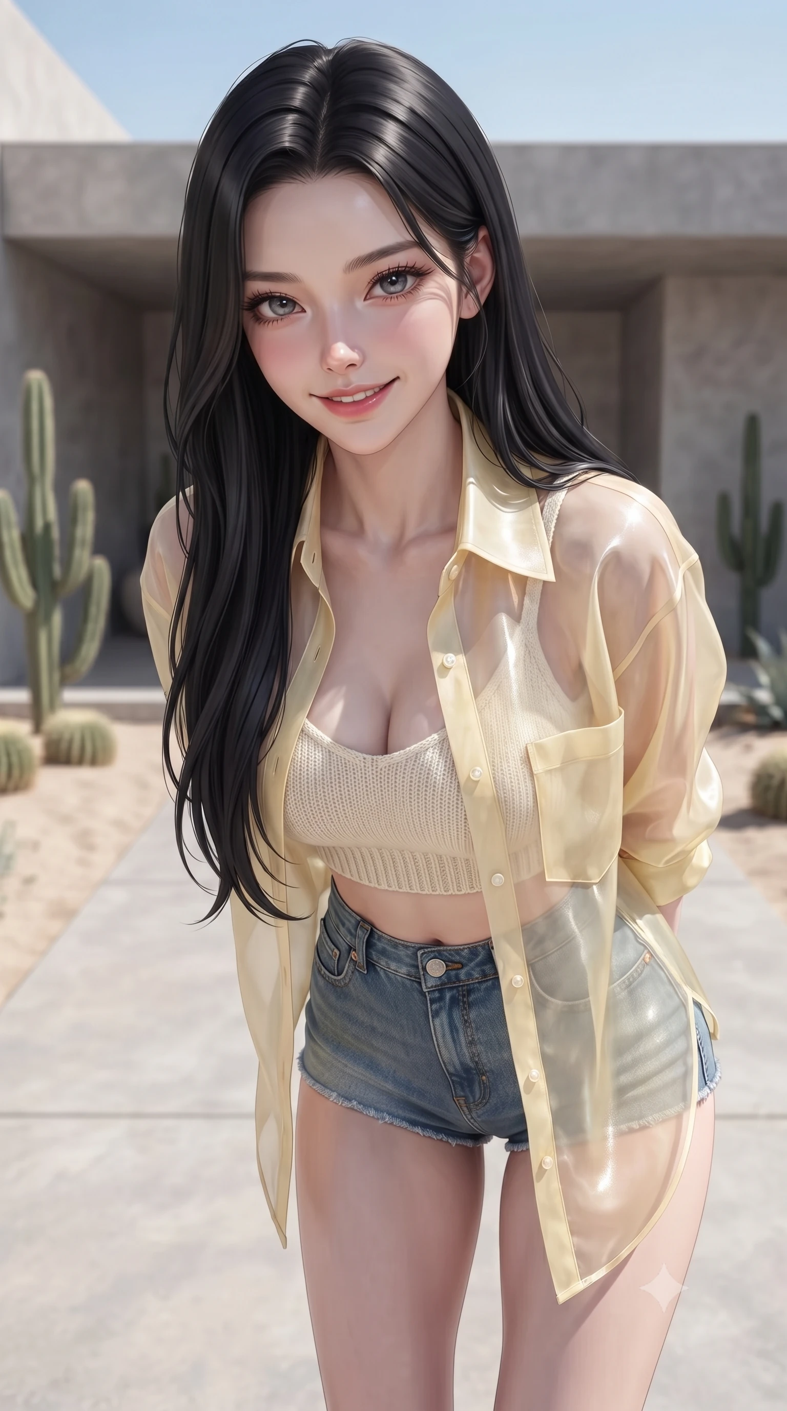 score_9, masterpiece, best quality, ultra-detailed, high-budget anime keyframe, editorial fashion photography, tasteful artistic composition, Korean woman. close-up cowboy shot from the waist and thighs up, the character dominates the composition, filling the frame with her large presence, background elements kept in soft focus. leaning slightly forward with a playful, teasing smile, her gaze locked onto the viewer the background shows a soft-focus a minimalist concrete patio of a desert villa, with cacti and sand landscaping. She has an exceptionally elegant, slender, and willowy female figure with an ultra-slim waist, a gracefully sculpted slender torso, and a refined silhouette. sharp v-shaped jawline, high-bridge nose, intricate jewel-like eyes with depth, thick eyelashes, glossy lips with a natural sheen. wearing a body-hugging sheer organza shirt in pale yellow worn open over a knit crop top and micro-shorts. bright midday sun rays creating clean, sharp shadows and reflections. ultra-reflective glossy finish, specular highlights, metallic sheen, high-contrast stereoscopic depth, volumetric dynamic lighting, 2k, ultra detail, master piece, 9:16 ratio