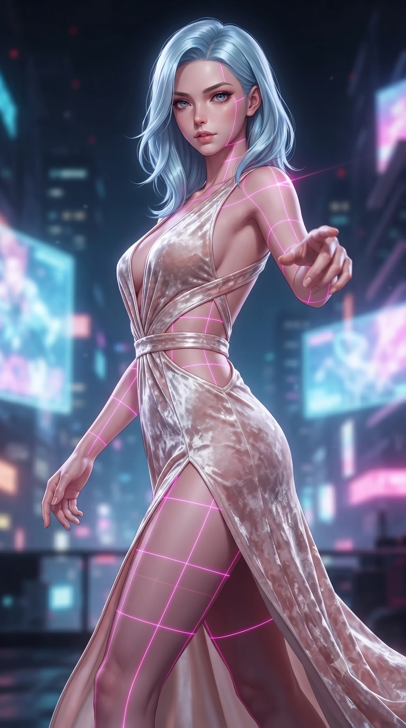 score_9, masterpiece, best quality, ultra-detailed, high-budget anime keyframe, editorial fashion photography, tasteful artistic composition, Korean woman. close-up cowboy shot from the waist and thighs up, the character dominates the composition, filling the frame with her large presence, background elements kept in soft focus. Reaching her hand gracefully toward the camera with magnetic allure, her torso turning in a dynamic S-curve alignment while pivoting in a mid-stride turn as neon magenta laser lines trace her statuesque curves, laser lines casting precise geometric grid highlights on her athletic form. She has an exceptionally elegant, slender, and willowy female figure with an ultra-slim waist, a gracefully sculpted slender torso, and a refined silhouette. sharp v-shaped jawline, high-bridge nose, intricate jewel-like eyes with depth, thick eyelashes, glossy lips with a natural sheen, flawlessly proportioned anatomical accuracy, natural body alignment, perfectly sculpted elegant limbs, clean dynamic posture without body distortion. wearing a backless crushed velvet gown with a deep V-neckline and high thigh slit in pearl white and rose gold, woven from fine semi-opaque sheer organza, featuring clean architectural cutouts along her slender torso, the tailored fabric tightly following every curve of her athletic build. illuminated by radiant holographic displays and intense laser beam highlights. ultra-reflective glossy finish, specular highlights, metallic sheen, high-contrast stereoscopic depth, volumetric dynamic lighting, 2k, ultra detail, master piece, 9:16 ratio