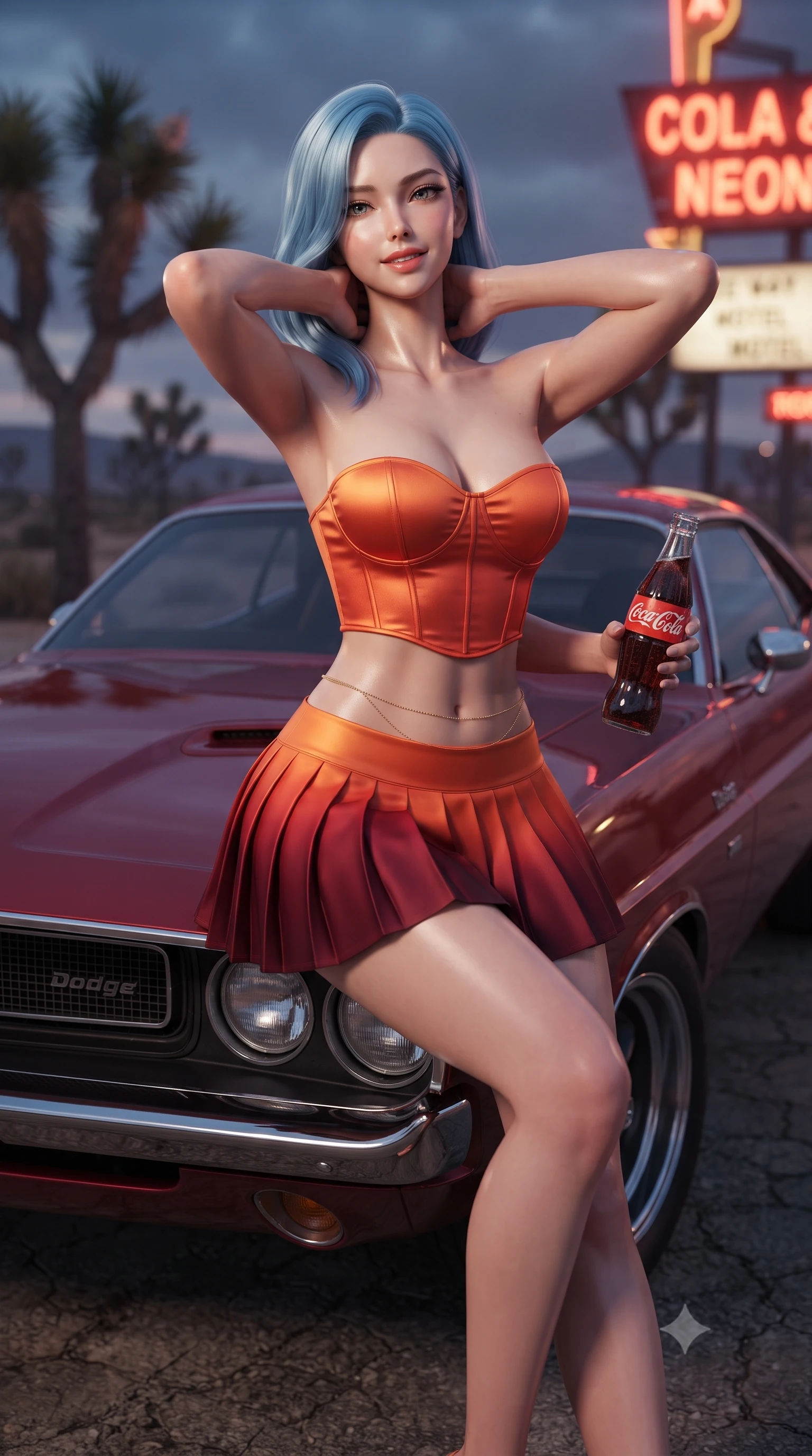 score_9, masterpiece, best quality, ultra-detailed, high-budget anime keyframe, editorial fashion photography, tasteful artistic composition, Korean woman. close-up cowboy shot from the waist and thighs up, the character dominates the composition, filling the frame with her large presence. resting both hands lightly behind her neck with elbows raised, arching her spine to highlight her narrow waist, flat midriff, and breathtaking collarbones while sitting perched on the front fender of a vintage muscle car with legs crossed, holding an ice-cold cola with effortless retro charm. The background shows a soft-focus distant yucca trees softened in moody twilight roadside shallow focus. She has an exceptionally elegant, slender, and willowy female figure with an ultra-slim waist, flat toned midriff, narrow ribcage, and sculpted feminine hips creating an alluring, slim hourglass silhouette without bulk. sharp v-shaped jawline, high-bridge nose, sparkling eyes with hypnotic seductive depth, thick curled eyelashes, glossy parted lips with a natural dewy peach sheen, alluring bedroom-eyes with an enchanting coquettish smile, exuding magnetic siren charisma and sophisticated glamour, flawlessly proportioned anatomical accuracy, strict slender model proportions, natural body alignment, perfectly sculpted long slender limbs, ultra-slim waistline, clean dynamic posture without body distortion. wearing a strapless boned satin bustier paired with a micro-pleated tennis-style resort skirt framing her hourglass hips in blazing desert sunset orange and deep canyon crimson, crafted from fluid liquid silk satin that clings smoothly to every curve with a dewy sheen, accented with a dainty gold belly chain resting across her flat midriff and curving hips, the liquid-tight tailored fabric clinging flawlessly to her narrow waist and rounded feminine hips, emphasizing every millimeter of her sculpted slim hourglass curves without any bulky heaviness. bathed in the warm glow of flickering neon signage mixed with rich twilight desert sky fill. ultra-reflective glossy finish, specular highlights, rich textural contrasts, high-contrast stereoscopic depth, volumetric dynamic lighting, 2k, ultra detail, master piece, 9:16 ratio
