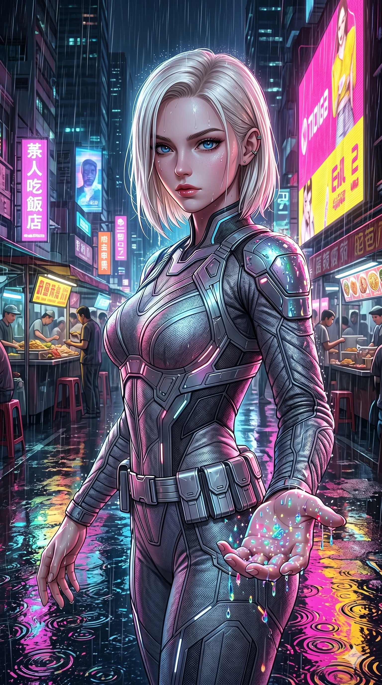 score_9, masterpiece, best quality, ultra-detailed, high-budget anime keyframe, semi-realistic 3D game render, Caucasian woman, strictly human ears. Upper body close-up from the thighs up, character filling the screen for maximum presence. She is turning around sharply in a futuristic night market, with rain reflections on wet asphalt. She reaches out a hand to catch neon-lit rain droplets with an intense, magnetic gaze. She has an absolutely perfect 8-heads proportion, a tall and elegant figure with a refined silhouette and a defined waistline. V-shaped jawline, high-bridge nose, intricate jewel-like eyes with depth, thick eyelashes, glossy lips with a natural sheen. She is wearing a high-fashion tech-jumpsuit featuring structured panel overlays across the torso and shoulders, accented by a metallic silver utility belt and textured fabric sleeves. The scene is lit by bright pink and yellow neon billboards and a sharp white key light tracing her silhouette. 2k, ultra detail, master piece, 9:16 ratio