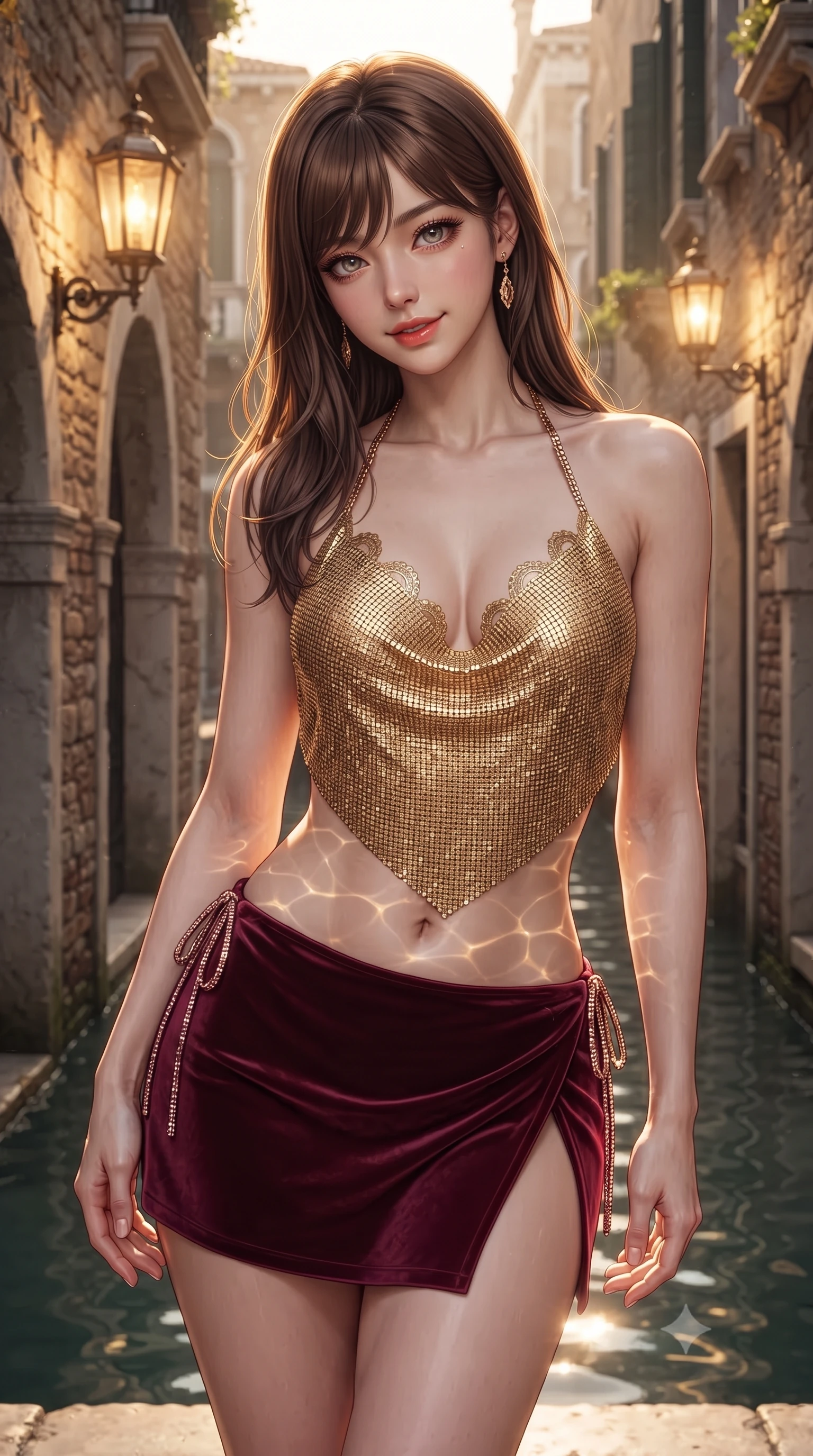 score_9, masterpiece, best quality, ultra-detailed, high-budget anime keyframe, editorial fashion photography, tasteful artistic composition, Korean woman. close-up cowboy shot from the waist and thighs up, the character dominates the composition, filling the frame with her large presence. tilting her head with a teasing half-smile, running one hand slowly down the side of her hip in a flirtatious S-curve as ambient light caresses her silhouette while twisting her slender torso in an alluring S-curve, rippling Grand Canal water reflections dancing across her narrow waist and hips. The surrounding environment is rendered in vivid detail and crisp panoramic clarity: sharp Istrian stone arch textures, ancient carved marble coat-of-arms, and water ripple meniscus in deep focus. She has an exceptionally elegant, slender, and willowy female figure with an ultra-slim waist, flat toned midriff, narrow ribcage, and sculpted feminine hips creating an alluring, slim hourglass silhouette without bulk. sharp v-shaped jawline, high-bridge nose, sparkling eyes with hypnotic seductive depth, thick curled eyelashes, glossy parted lips with a natural dewy peach sheen, alluring bedroom-eyes with an enchanting coquettish smile, exuding magnetic siren charisma and sophisticated glamour, flawlessly proportioned anatomical accuracy, strict slender model proportions, natural body alignment, perfectly sculpted long slender limbs, ultra-slim waistline, clean dynamic posture without body distortion. wearing a liquid gold chainmail cowl halter top paired with an ultra-low-rise velvet mini skirt and side rhinestone ties in smoldering crimson wine and deep rose-gold, crafted from fluid liquid silk satin that clings smoothly to every curve with a dewy sheen, finished with scalloped eyelash lace trim framing her sweetheart neckline with intimate elegance, the high-slit wrap tailoring accentuating her ultra-slim waistline and the enchanting curve of her feminine hips with alluring seductive charm. bathed in the warm golden light of antique brass lanterns mounted on stone walls. ultra-reflective glossy finish, specular highlights, rich textural contrasts, high-contrast stereoscopic depth, volumetric dynamic lighting, 2k, ultra detail, master piece, 9:16 ratio