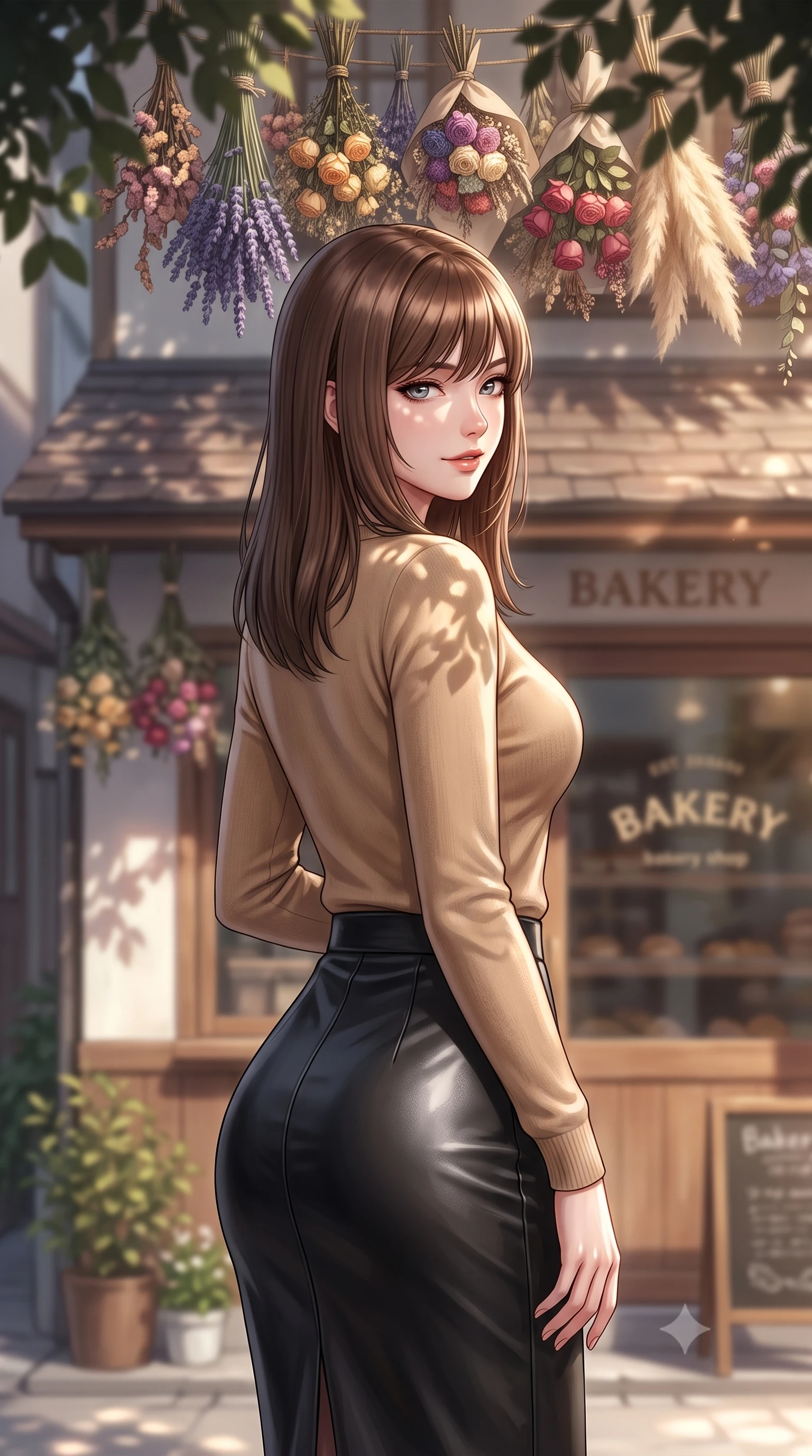 score_9, masterpiece, best quality, ultra-detailed, high-budget anime keyframe, editorial fashion photography, tasteful artistic composition, Korean woman. close-up cowboy shot from the waist and thighs up, the character dominates the composition, filling the frame with her large presence, background elements kept in soft focus. glancing sidelong over her shoulder with an alluring, lingering gaze and a subtle grin set against a soft-focus background of in front of a cozy bakery shop in a quiet residential alley with a display of colorful dried flower bouquets hanging from the shop roof. She has an exceptionally elegant, slender, and willowy female figure with an ultra-slim waist, a gracefully sculpted slender torso, and a refined silhouette. sharp v-shaped jawline, high-bridge nose, intricate jewel-like eyes with depth, thick eyelashes, glossy lips with a natural sheen. wearing slim-fit tight-fitting cashmere cardigan closed, paired with a sleek leather midi skirt. dappled sunlight casting soft leaf shadows on the shop walls and her skin. ultra-reflective glossy finish, specular highlights, metallic sheen, high-contrast stereoscopic depth, volumetric dynamic lighting, 2k, ultra detail, master piece, 9:16 ratio