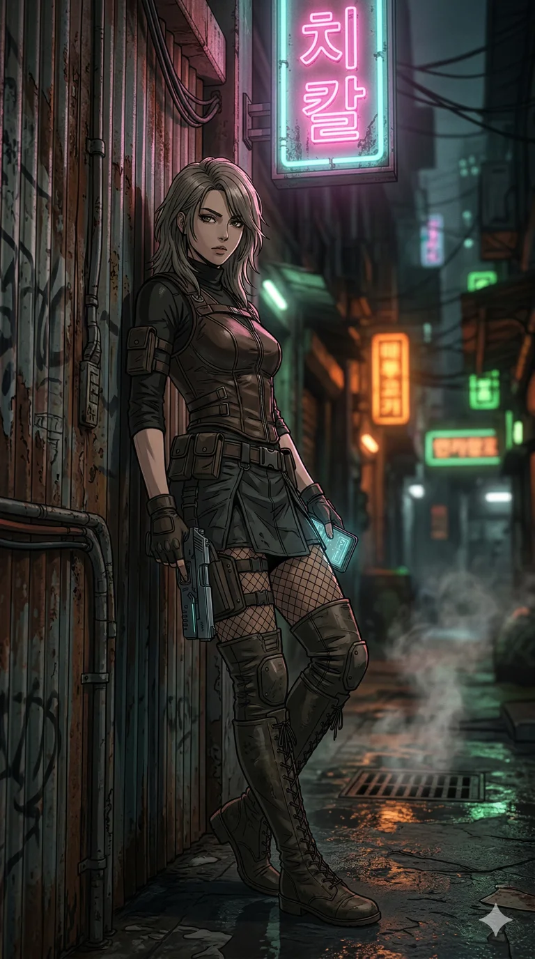 score_9, masterpiece, best quality, ultra-detailed, semi-realistic high-budget anime keyframe, an incredibly beautiful Korean woman. Low angle cowboy shot filling the frame. She is a bounty hunter in a cyber-slum, leaning against a rusty metal wall. She has an absolutely perfect 8-heads proportion, an exceptionally tall female figure with long slender legs and a voluptuous body. Her face is a masterpiece with ash brown hair and focused jewel-like eyes. She is wearing a form-fitting synthetic leather vest and micro mini skirt with fishnet stockings, highlighting her alluring silhouette. Neon signs and steam in a dark alley, dramatic rim lighting, cinematic shadows, 2k, ultra detail, master piece, 9:16 ratio