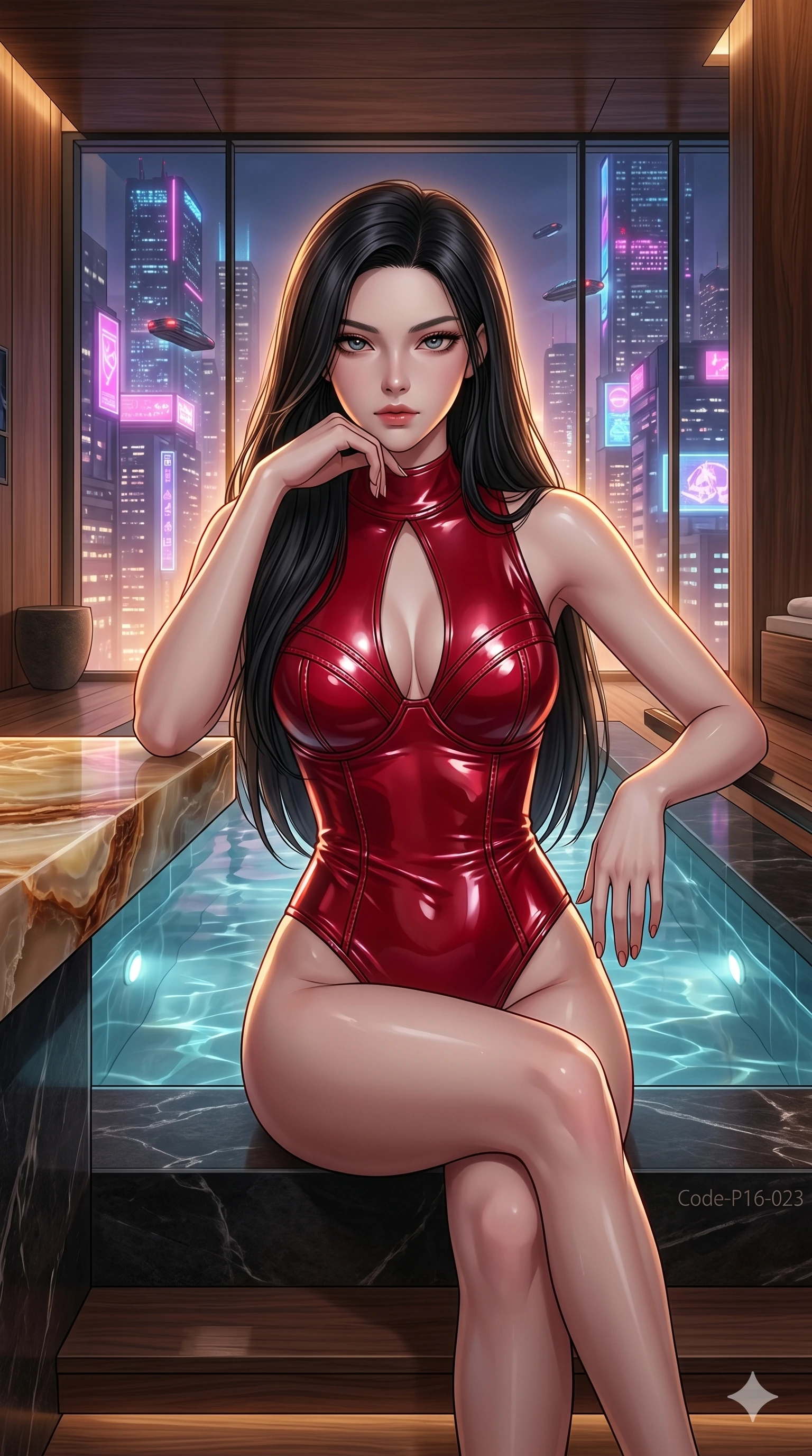 score_9, masterpiece, best quality, ultra-detailed, high-budget anime keyframe, editorial fashion photography, tasteful artistic composition, Korean woman. cowboy shot from the thighs up, character and outfit filling the frame for maximum editorial presence. resting her chin on her hand, looking directly at the camera with a confident, piercing gaze in a luxury penthouse spa overlooking a glowing cyberpunk city skyline (Code-P16-023). She has an absolutely perfect 8-heads proportion, an exceptionally tall and slender female figure with impossibly long slender legs and an ultra-slim waist. V-shaped jawline, high-bridge nose, intricate jewel-like eyes with depth, thick eyelashes, glossy lips with a natural sheen. wearing a wet-look crimson latex bodysuit with structured cups and a plunging keyhole cutout. warm glowing city light filtering through the glass, outlining her V-shaped jawline. 2k, ultra detail, master piece, 9:16 ratio