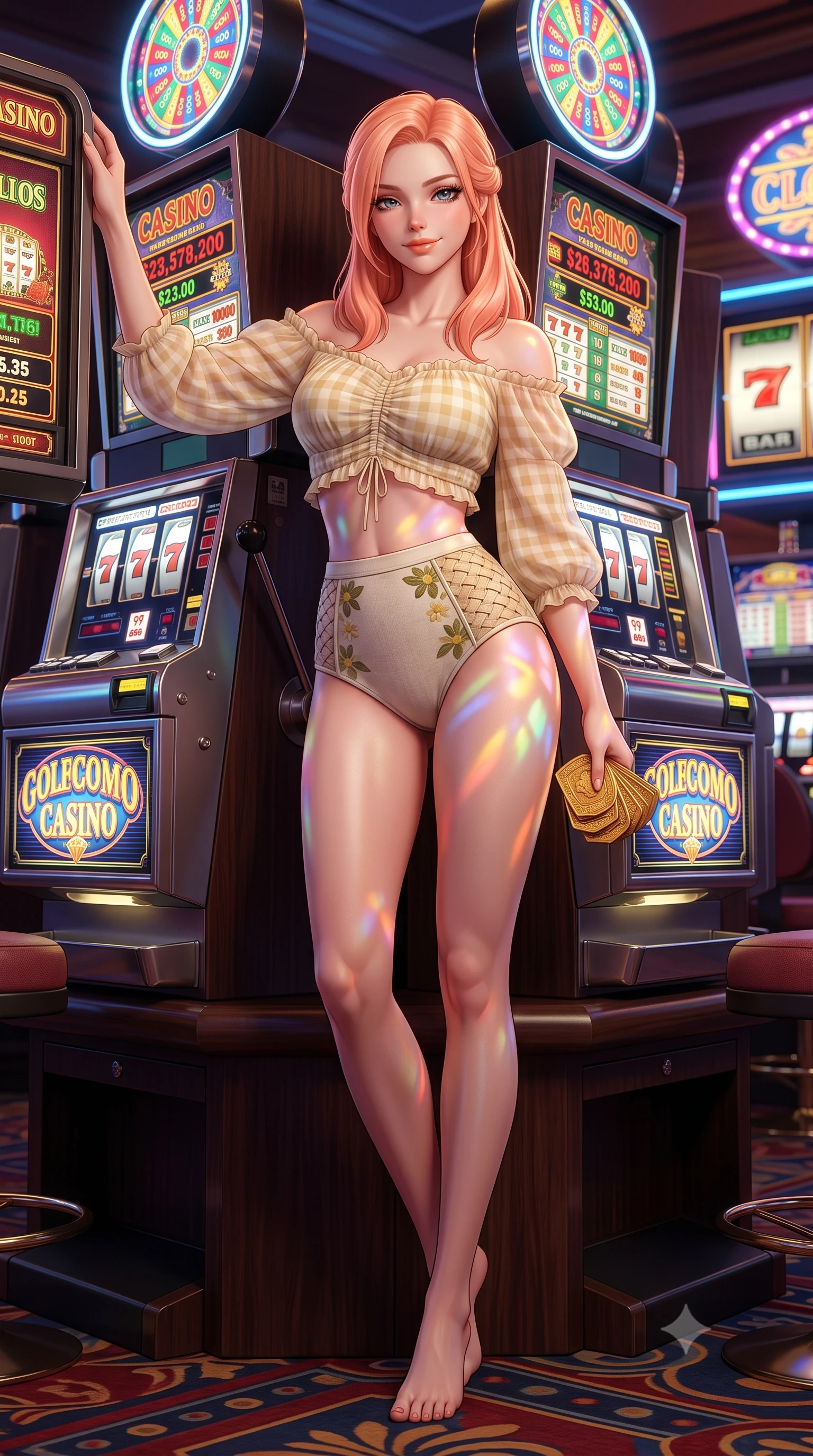 score_9, masterpiece, best quality, ultra-detailed, high-budget anime keyframe, semi-realistic 3D game render, editorial fashion photography, tasteful artistic composition, Japanese woman. low angle full-body shot from head to toe showing her feet, filling the entire 9:16 vertical frame with her statuesque presence, stretching her vertical silhouette. standing tall beside the architectural column, one hand resting high while arching her lower back to emphasize her sculpted feminine hips and slender waist while twisting her slender torso in an alluring contrapposto stance, kaleidoscope neon reels reflecting across her narrow waist and hips. The surrounding environment is rendered in vivid detail and crisp panoramic clarity: sharp high-resolution CRT/OLED slot screen graphics, chrome coin tray reflection, and push button illumination in deep focus. She has an absolutely perfect, statuesque 8.5-heads proportion, an exceptionally tall and slender model-like female figure with impossibly long slender legs, an ultra-slim waist, a flat toned midriff, narrow delicate ribcage, and beautifully sculpted feminine hips creating a graceful, slim hourglass silhouette without any bulky heaviness. sharp v-shaped jawline, high-bridge nose, sparkling eyes with hypnotic seductive depth, thick curled eyelashes, glossy parted lips with a natural dewy peach sheen, alluring bedroom-eyes with an enchanting coquettish smile, exuding magnetic siren charisma and sophisticated glamour, flawlessly proportioned anatomical accuracy, strict slender model proportions, natural body alignment, perfectly sculpted long slender limbs, ultra-slim waistline, clean dynamic posture without body distortion. wearing an off-the-shoulder sheer peasant crop blouse with ruched neckline paired with tight high-waisted linen briefs in sunlit daisy yellow and gardenia cream with olive accents, woven from buttery-soft stretch lambskin leather adhering to her body like a second skin, accented with a stack of engraved gold casino plaques held loosely in one hand, the liquid-tight tailored fabric clinging flawlessly to her narrow waist and rounded feminine hips, emphasizing every millimeter of her sculpted slim hourglass curves without any bulky heaviness. bathed in rapid rhythmic multi-color neon pulses spilling from dozens of gaming machines. highly saturated vibrant anime colors, detailed shading with soft gradients, rich glossy textures, high-contrast stereoscopic depth, volumetric dynamic lighting, master piece, 9:16 ratio