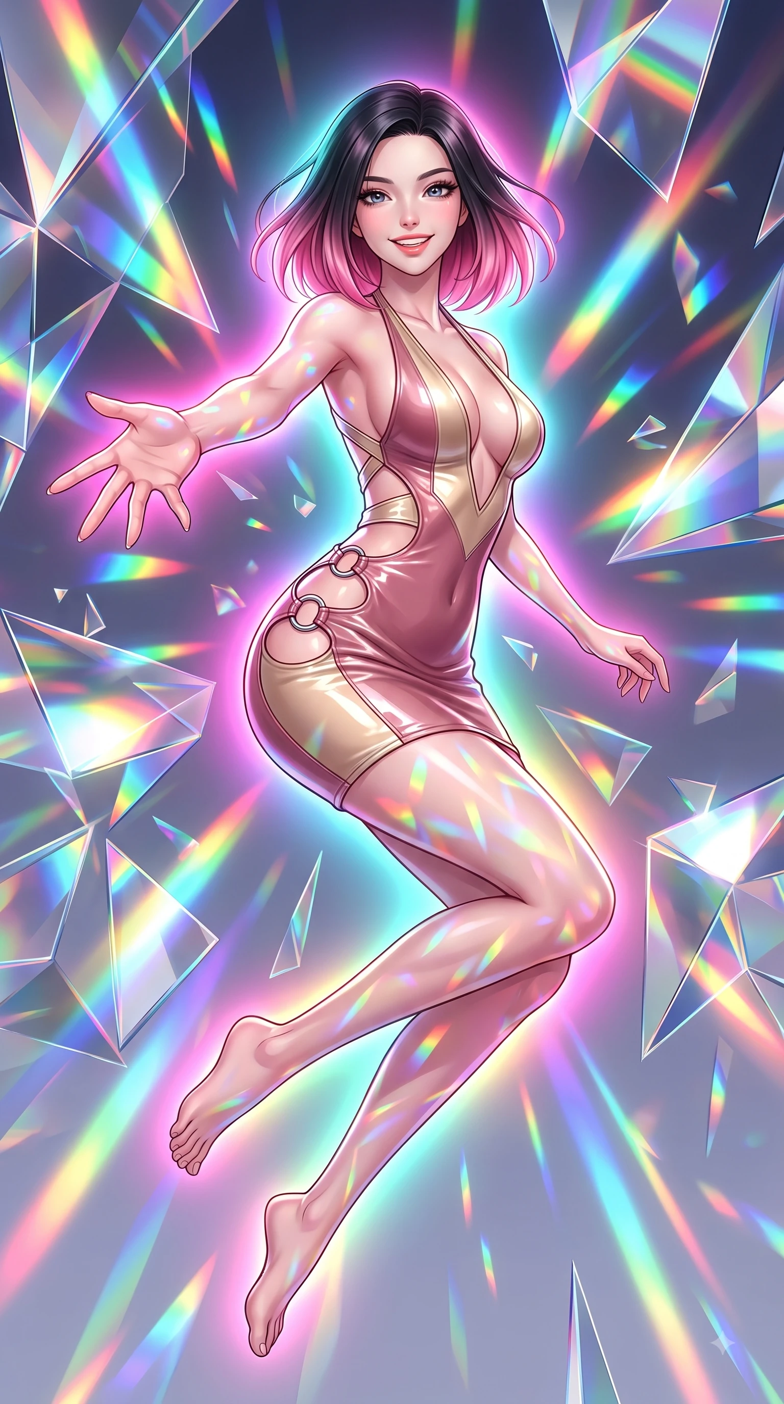 score_9, masterpiece, best quality, ultra-detailed, high-budget anime keyframe, editorial fashion photography, tasteful artistic composition, Korean woman. low angle full-body shot from head to toe showing her feet, filling the entire 9:16 vertical frame with her statuesque presence, stretching her vertical silhouette. performing a cheerful mid-air rotation with flawless poise, her radiant smile capturing pure happy energy while reaching her hand forward with a cheerful smile as shattered mirror prisms scatter rainbow beams, a kaleidoscope of refractions forming colorful geometric light patterns on her skin. She has an absolutely perfect, statuesque 8.5-heads proportion, an exceptionally tall and slender model-like female figure with impossibly long slender legs and an ultra-slim waist. sharp v-shaped jawline, high-bridge nose, intricate jewel-like eyes with depth, thick eyelashes, glossy lips with a natural sheen, flawlessly proportioned anatomical accuracy, natural body alignment, perfectly sculpted elegant limbs, clean dynamic posture without body distortion. wearing a deep-scoop halter bodycon dress with hip cutouts connected by silver rings in dusty rose and champagne gold, tailored from high-gloss patent leather, complemented by criss-cross back straps highlighting her bare shoulders, the sleek second-skin texture accentuating her magnetic presence. surrounded by a radiant glow of magenta, aqua, and golden fluid highlights. highly saturated vibrant anime colors, detailed shading with soft gradients, rich glossy textures, high-contrast stereoscopic depth, volumetric dynamic lighting, master piece, 9:16 ratio