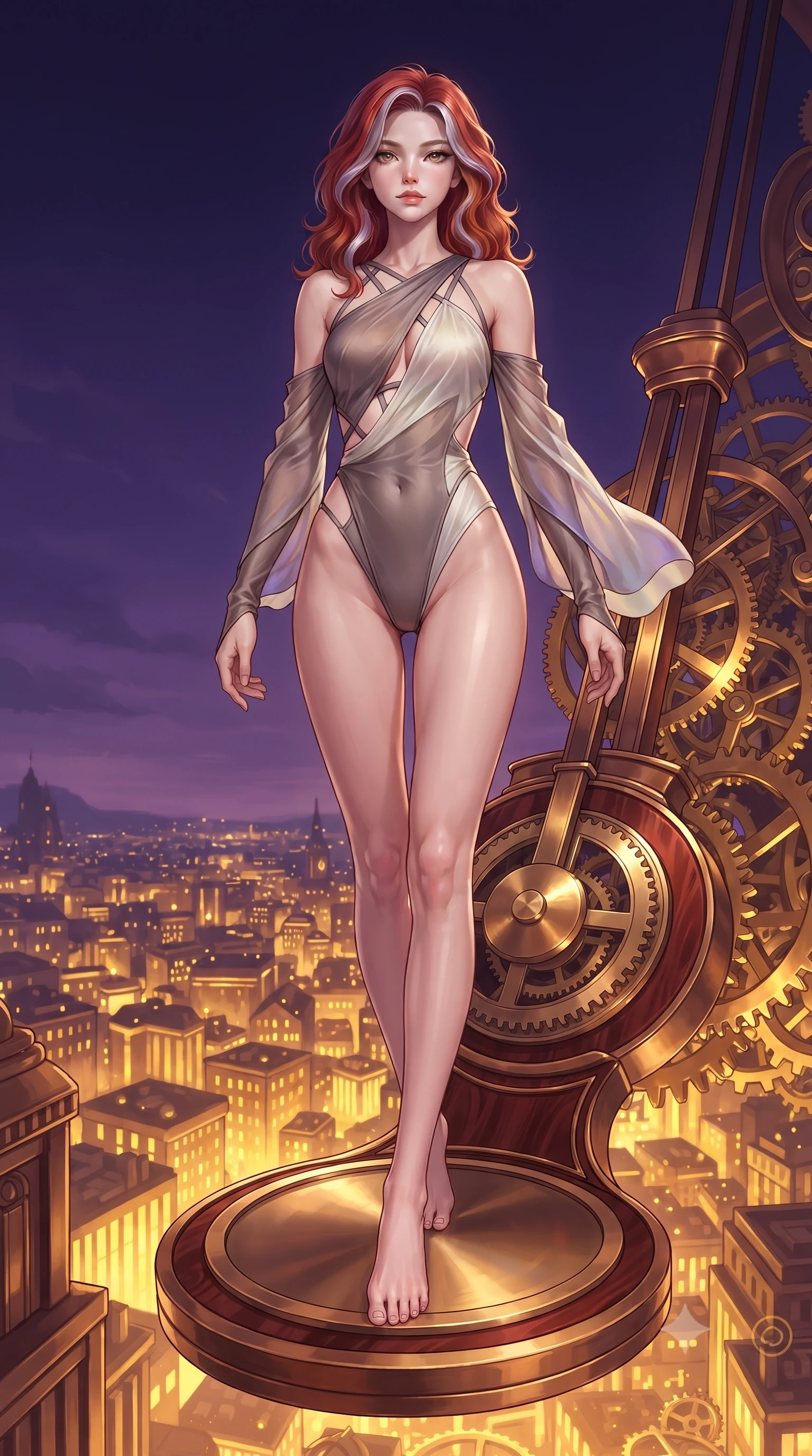 score_9, masterpiece, best quality, ultra-detailed, high-budget anime keyframe, editorial fashion photography, tasteful artistic composition, Caucasian woman. low angle full-body shot from head to toe showing her feet, filling the entire 9:16 vertical frame with her statuesque presence, stretching her vertical silhouette. stepping forward with proud posture, filling the vertical frame with her magnetic presence poised on a massive mechanical clock pendulum swinging over a golden city, rich mahogany and polished bronze textures reflecting warm hearth light. She has an absolutely perfect, statuesque 8.5-heads proportion, an exceptionally tall and slender model-like female figure with impossibly long slender legs and an ultra-slim waist. sharp v-shaped jawline, high-bridge nose, intricate jewel-like eyes with depth, thick eyelashes, glossy lips with a natural sheen. wearing an asymmetrical high-cut tech-bodysuit with detached sleeves in muted taupe and soft ivory, crafted from iridescent chiffon that shifts colors in the light, complemented by criss-cross back straps highlighting her bare shoulders, the form-contouring material highlighting her ultra-slim waist and long lines. lit by a contrast of deep violet sky and radiant golden mechanical light. highly saturated vibrant anime colors, detailed shading with soft gradients, rich glossy textures, high-contrast stereoscopic depth, volumetric dynamic lighting, master piece, 9:16 ratio