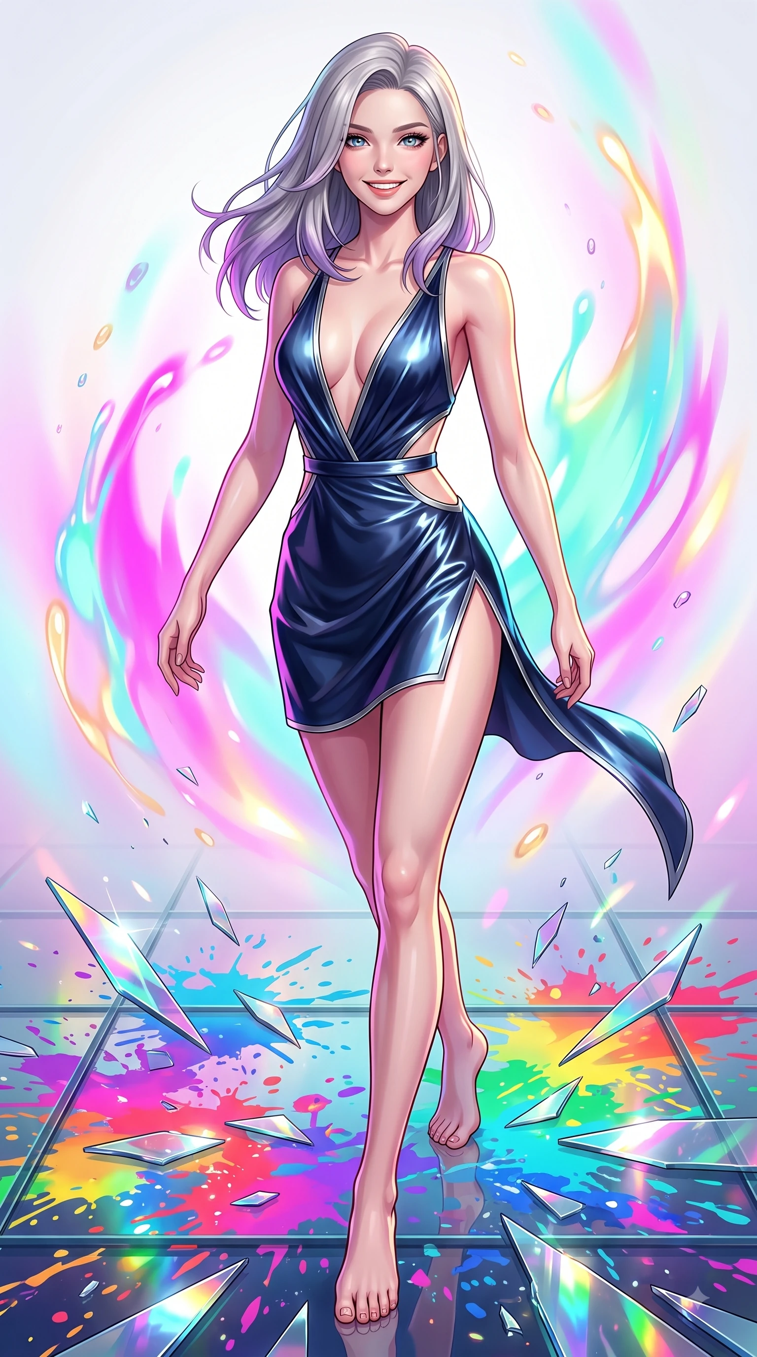 score_9, masterpiece, best quality, ultra-detailed, high-budget anime keyframe, editorial fashion photography, tasteful artistic composition, Caucasian woman. low angle full-body shot from head to toe showing her feet, filling the entire 9:16 vertical frame with her statuesque presence, stretching her vertical silhouette. forging dynamically through the scene with a happy infectious smile, her ultra-slim waist creating a sweeping curve while pivoting gracefully on a reflective glass floor drenched in vibrant multi-color paint splashes, shattered mirror shards scattering brilliant rainbow reflections and happy energy everywhere. She has an absolutely perfect, statuesque 8.5-heads proportion, an exceptionally tall and slender model-like female figure with impossibly long slender legs and an ultra-slim waist. sharp v-shaped jawline, high-bridge nose, intricate jewel-like eyes with depth, thick eyelashes, glossy lips with a natural sheen, flawlessly proportioned anatomical accuracy, natural body alignment, perfectly sculpted elegant limbs, clean dynamic posture without body distortion. wearing a liquid mercury gloss mini dress with ultra-deep V-neck and waist cutouts in midnight navy blue and chrome trim, crafted from smooth liquid silk, finished with a sleek side slit ascending to mid-thigh, the elegant draped fit framing her graceful clavicle and slender torso. surrounded by a radiant glow of magenta, aqua, and golden fluid highlights. highly saturated vibrant anime colors, detailed shading with soft gradients, rich glossy textures, high-contrast stereoscopic depth, volumetric dynamic lighting, master piece, 9:16 ratio