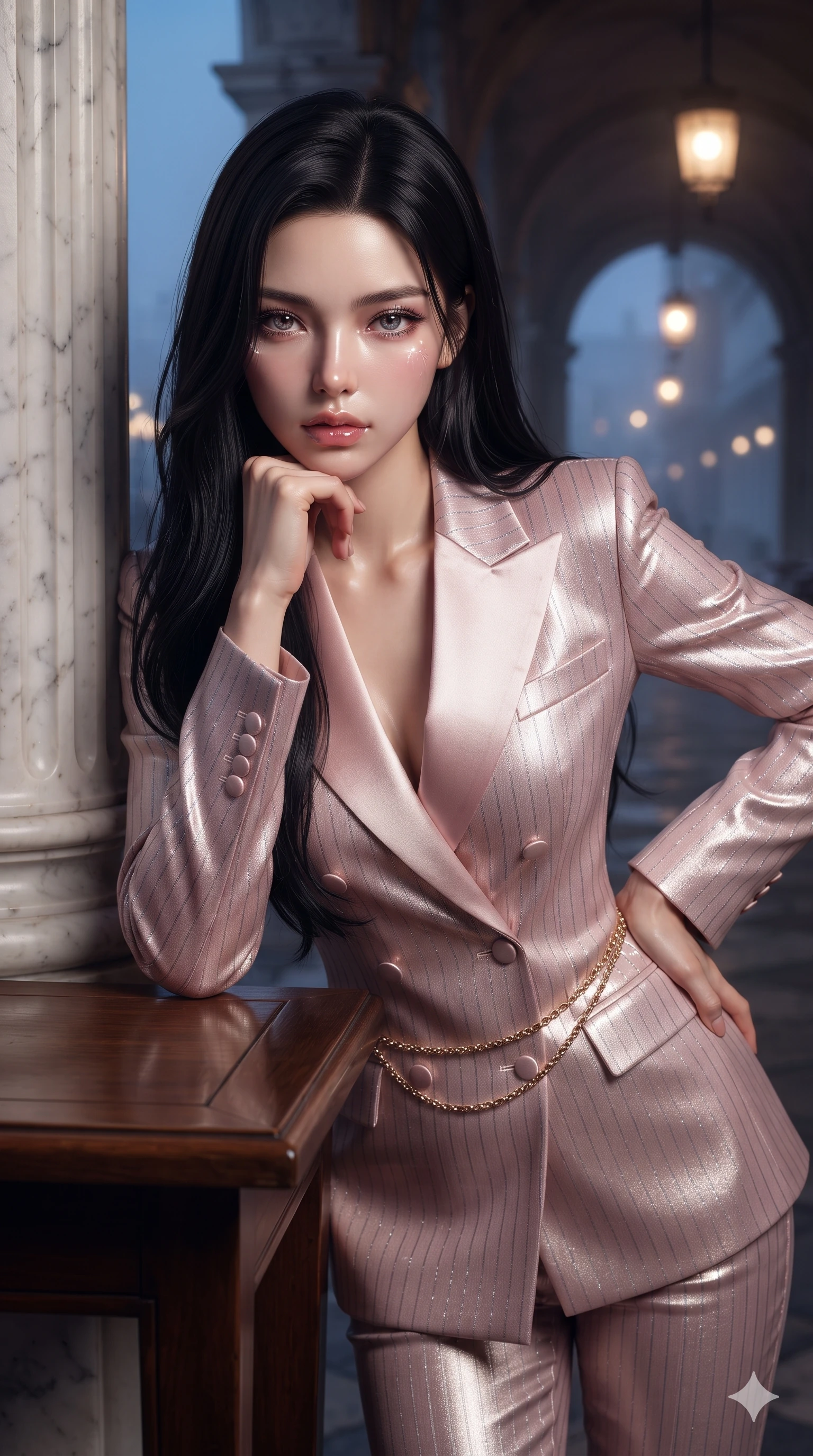 score_9, masterpiece, best quality, ultra-detailed, high-budget anime keyframe, editorial fashion photography, tasteful artistic composition, Korean woman. close-up cowboy shot from the waist and thighs up, the character dominates the composition, filling the frame with her large presence. resting one elbow on the table and supporting her chin, leaning close to the camera with heavy-lidded sparkling eyes and parted lips while leaning against a fluted marble column with hips cocked back, gazing through the misty piazza with intoxicating, smoldering bedroom-eyes. The background shows a soft-focus Venetian evening sea-mist softened in grand piazza colonnade shallow focus. She has an exceptionally elegant, slender, and willowy female figure with an ultra-slim waist, flat toned midriff, narrow ribcage, and sculpted feminine hips creating an alluring, slim hourglass silhouette without bulk. sharp v-shaped jawline, high-bridge nose, intricate jewel-like sparkling eyes with depth, thick eyelashes, glossy parted lips with a natural sheen, intensely captivating and seductive bedroom-eyes expression, exuding both youthful cute charm and sovereign luxury allure, flawlessly proportioned anatomical accuracy, strict slender model proportions, natural body alignment, perfectly sculpted long slender limbs, ultra-slim waistline, clean dynamic posture without body distortion. wearing a tailored double-breasted tuxedo evening dress with structured satin lapels and subtle silver pinstripes in sakura blossom pink and warm ivory, crafted from luxurious metallic lamé that shifts radiance with every step, accented with a delicate gold chain belt resting loosely on her curvy hips, the bespoke structured tailoring following the natural line of her 8.5-heads silhouette with refined elegance. bathed in the romantic atmospheric contrast of warm 2500K lantern glow beneath the arches and deep indigo twilight outside. ultra-reflective glossy finish, specular highlights, rich textural contrasts, high-contrast stereoscopic depth, volumetric dynamic lighting, 2k, ultra detail, master piece, 9:16 ratio