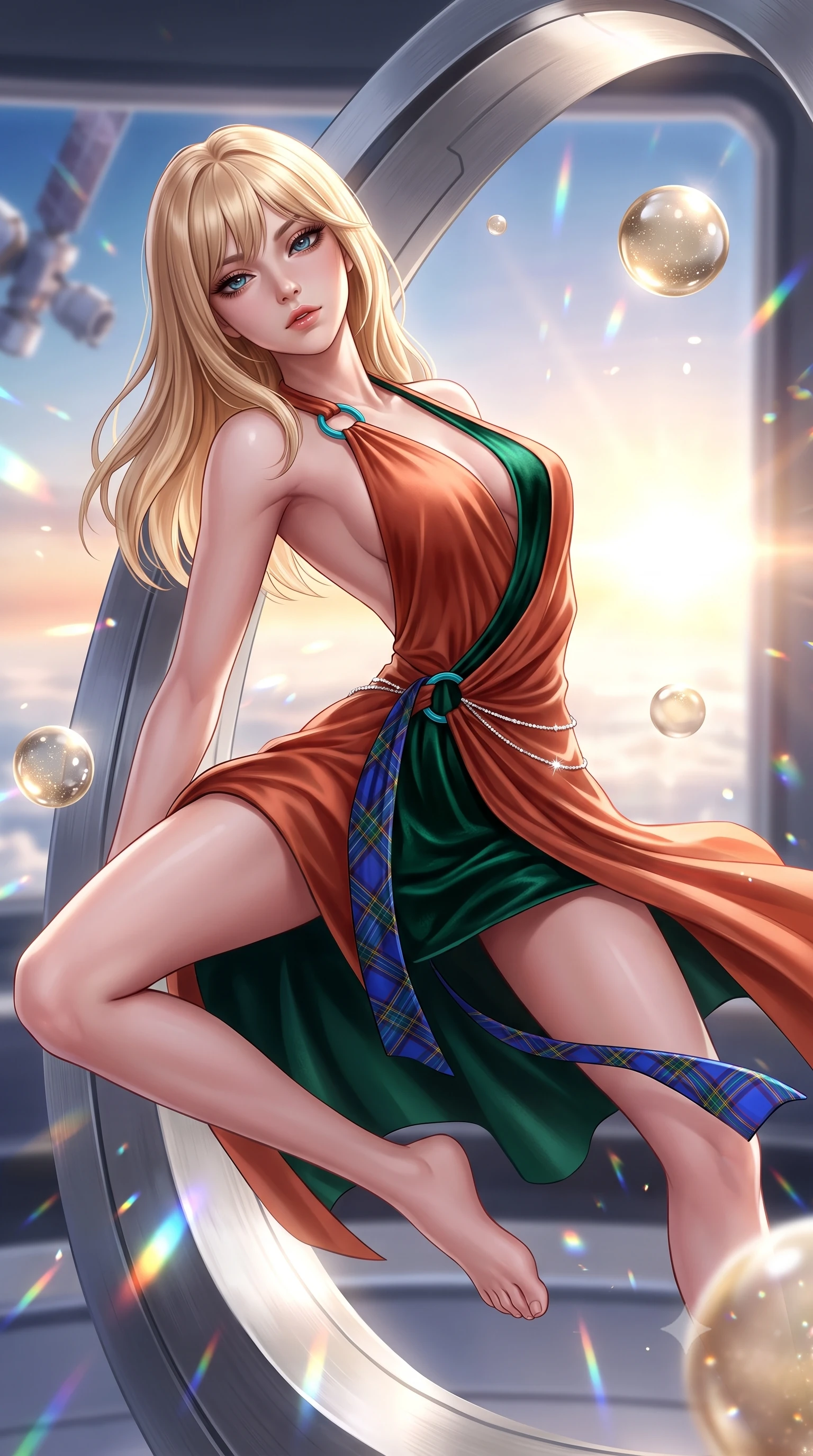 score_9, masterpiece, best quality, ultra-detailed, high-budget anime keyframe, semi-realistic 3D game render, editorial fashion photography, tasteful artistic composition, Japanese woman. close-up cowboy shot from the waist and thighs up, the character dominates the composition, filling the frame with her large presence. leaning back with relaxed seductive grace, her sculpted collarbones and narrow waist highlighted as she casts smoldering bedroom-eyes directly into the camera while floating weightlessly beside an architectural titanium lounge ring, arching her spine in a fluid, dancer-like line as orbital sunrise floods her silhouette. The composition keeps background elements in soft focus with creamy bokeh. floating zero-gravity champagne spheres and prism reflections scattering radiant celestial light motes. She has an exceptionally elegant, slender, and willowy female figure with an ultra-slim waist, flat toned midriff, narrow ribcage, and sculpted feminine hips creating an alluring, slim hourglass silhouette without bulk. sharp v-shaped jawline, high-bridge nose, intricate jewel-like eyes with depth, thick eyelashes, glossy parted lips with a natural sheen, intensely captivating and seductive bedroom-eyes expression, flawlessly proportioned anatomical accuracy, strict slender model proportions, natural body alignment, perfectly sculpted long slender limbs, ultra-slim waistline, clean dynamic posture without body distortion. wearing a backless terracotta silk wrap dress featuring high-cut side hip slits and turquoise ring hardware in deep emerald green velvet and royal tartan crimson, made of sheer contouring power-mesh with velvet flocking patterns, accented with a dainty diamond waist chain catching the ambient light reflections, the form-contouring material adhering flawlessly to her sculpted flat midriff and slender torso, emphasizing her long leg lines and perfectly proportioned willowy build. surrounded by a celestial, sovereign, and breathlessly magnificent orbital empress aura. highly saturated vibrant anime colors, detailed shading with soft gradients, rich glossy textures, high-contrast stereoscopic depth, volumetric dynamic lighting, master piece, 9:16 ratio