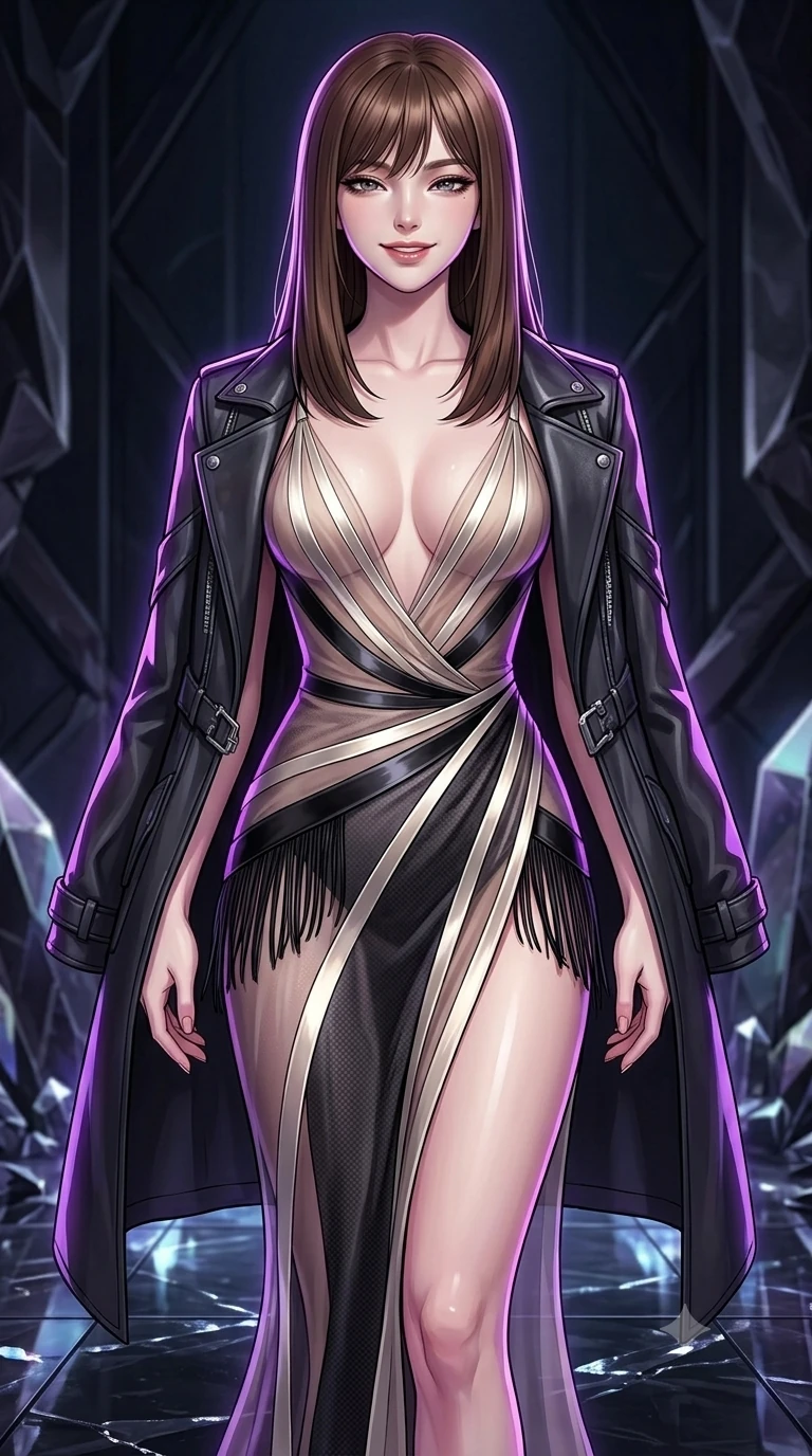 score_9, masterpiece, best quality, ultra-detailed, high-budget anime keyframe, semi-realistic 3D game render, editorial fashion photography, tasteful artistic composition, Korean woman. close-up cowboy shot from the waist and thighs up, the character dominates the composition, filling the frame with her large presence. smiling with quiet, magnetic self-assurance directly into the camera with heavy-lidded sparkling eyes while standing tall on the reflective mineral floor, stretching her statuesque body with effortless sovereign poise as crystal reflections shimmer. The surrounding environment is rendered in vivid detail and crisp panoramic clarity: detailed structured dark leather coat drape, titanium buckle clasps, and geometric mineral formations in razor-sharp precision. She has an exceptionally elegant, slender, and willowy female figure with an ultra-slim waist, flat toned midriff, narrow ribcage, and sculpted feminine hips creating an alluring, slim hourglass silhouette without bulk. sharp v-shaped jawline, high-bridge nose, intricate jewel-like dark sparkling eyes with hypnotic seductive depth, thick curled eyelashes, glossy parted lips with a natural wine sheen, alluring bedroom-eyes with an enigmatic smoldering smile, exuding magnetic sovereign charisma and dark avant-garde glamour, flawlessly proportioned anatomical accuracy, strict slender model proportions, natural body alignment, perfectly sculpted long slender limbs, ultra-slim waistline, clean dynamic posture without body distortion. wearing a plunge-front sheer illusion tulle slip dress with liquid platinum ribbon stripes hugging her curves in celestial champagne ivory and high-gloss jet black, woven from matte carbon-fiber weave with high-tech structural hold, finished with delicate jet-black micro-fringe fluttering softly along her hips with each step, the high-slit wrap tailoring accentuating her ultra-slim waistline and the enchanting curve of her feminine hips with alluring seductive charm. illuminated by crystalline floor bounce and sharp amethyst-violet rim lights defining her razor-sharp jawline, narrow waist, and curvy hips. highly saturated vibrant anime colors, detailed shading with soft gradients, rich glossy textures, high-contrast stereoscopic depth, volumetric dynamic lighting, master piece, 9:16 ratio