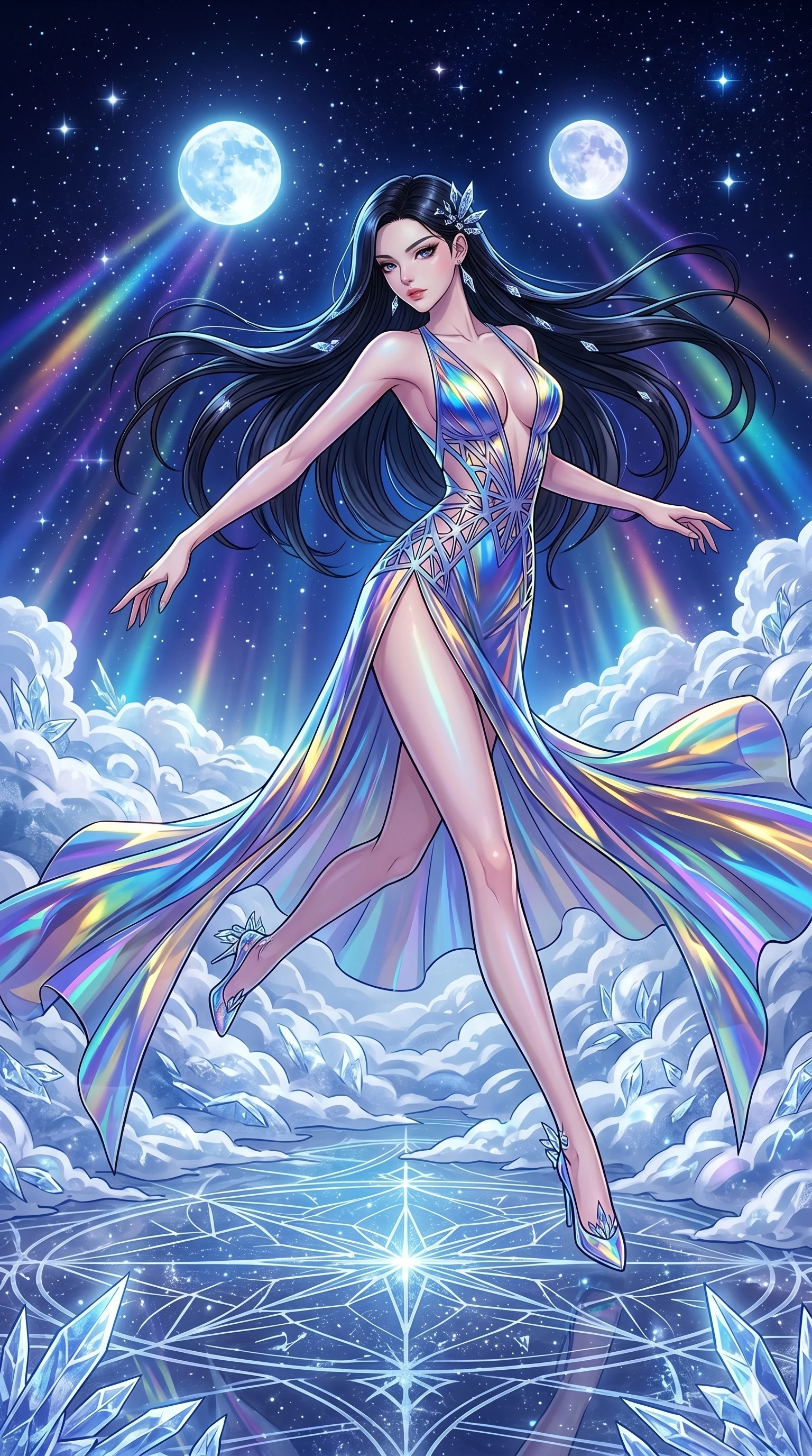 score_9, masterpiece, best quality, ultra-detailed, high-budget anime movie keyframe, cinematic anime lighting, intricate line art, Korean anime girl. Dynamic full-body shot stretching the vertical silhouette across the 9:16 frame. navigating a sea of clouds in a frozen starlight ballroom under a twin-moon sky. She has an absolutely perfect 8-heads proportion, an exceptionally tall and slender female figure with an ultra-slim waist and impossibly long slender legs. sharp v-shaped jawline, high-bridge nose, intricate jewel-like eyes, thick eyelashes, glossy lips. Wearing avant-garde high-fashion gown made of iridescent vinyl with a dangerously high side slit and a plunging neckline, revealing an ultra-slim waist and long slender legs. The scene is illuminated by dramatic atmospheric lighting and vibrant color palettes. 2k, ultra detail, master piece, 9:16 ratio