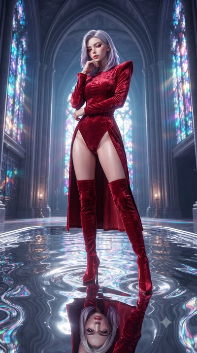 score_9, masterpiece, best quality, ultra-detailed, High-budget Anime Keyframe, editorial fashion photography, tasteful artistic composition, realistic cosplay photography, Caucasian woman, strictly human ears. Low angle cowboy shot filling the entir