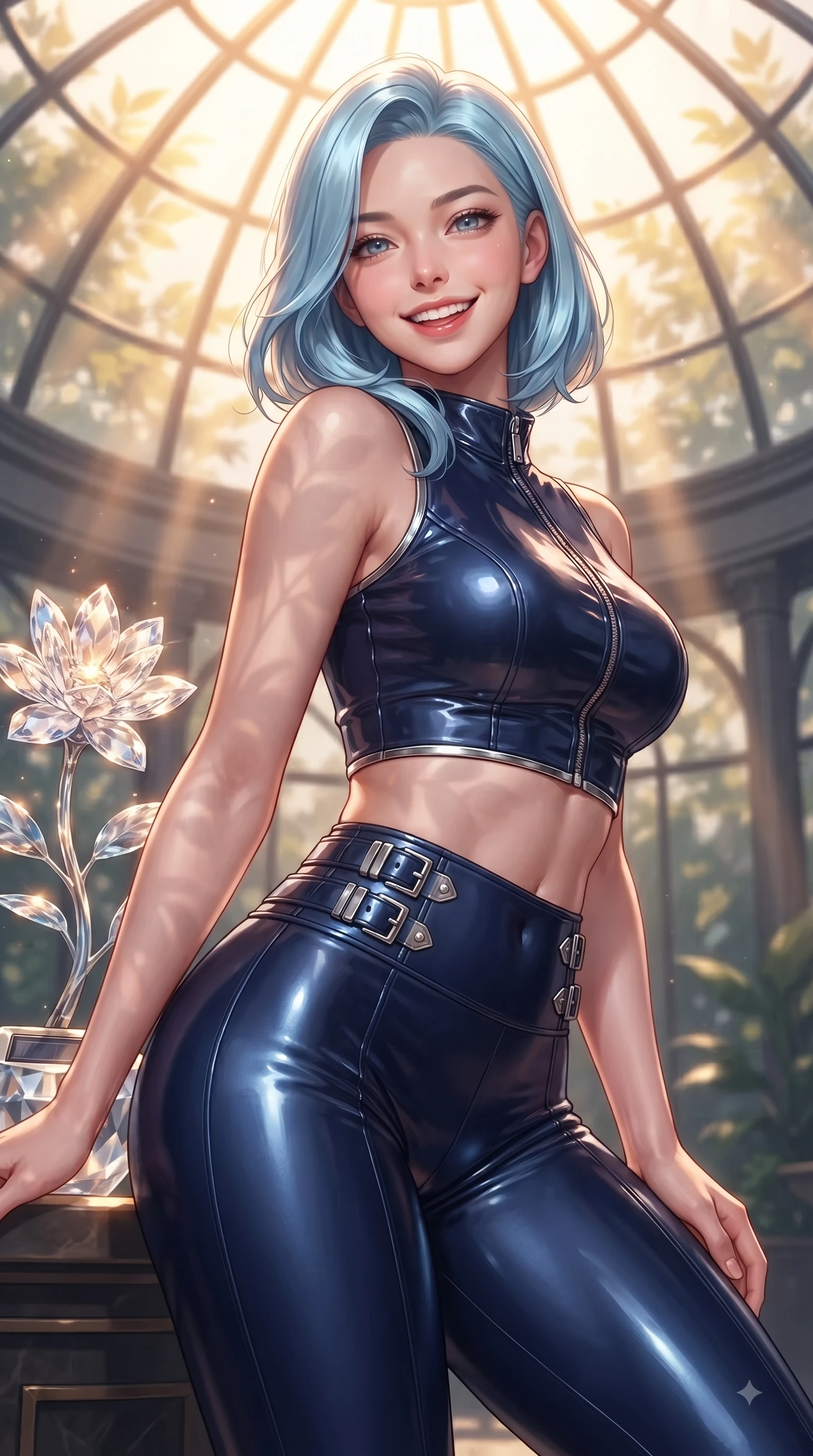 score_9, masterpiece, best quality, ultra-detailed, high-budget anime keyframe, editorial fashion photography, tasteful artistic composition, Korean woman. close-up cowboy shot from the waist and thighs up, the character dominates the composition, filling the frame with her large presence, background elements kept in soft focus. Cheerful beaming smile with parted lips, exuding pure enchanting charm while turning dynamically toward the camera while resting cheerfully near a solar-powered crystal flower as warm sunlight streams through glass, intense volumetric sunbeams filtering through the glass dome ceiling in bright golden rays. She has an exceptionally elegant, slender, and willowy female figure with an ultra-slim waist, a gracefully sculpted slender torso, and a refined silhouette. sharp v-shaped jawline, high-bridge nose, intricate jewel-like eyes with depth, thick eyelashes, glossy lips with a natural sheen, flawlessly proportioned anatomical accuracy, natural body alignment, perfectly sculpted elegant limbs, clean dynamic posture without body distortion. wearing a glossy vinyl crop top and high-waist tailored leggings with sleek zippers in midnight navy blue and chrome trim, formed from sleek second-skin neoprene, detailed with polished silver buckles along the waistline, the tailored fabric tightly following every curve of her athletic build. illuminated by brilliant sunbeams casting cheerful organic leaf stencil shadows. ultra-reflective glossy finish, specular highlights, metallic sheen, high-contrast stereoscopic depth, volumetric dynamic lighting, 2k, ultra detail, master piece, 9:16 ratio
