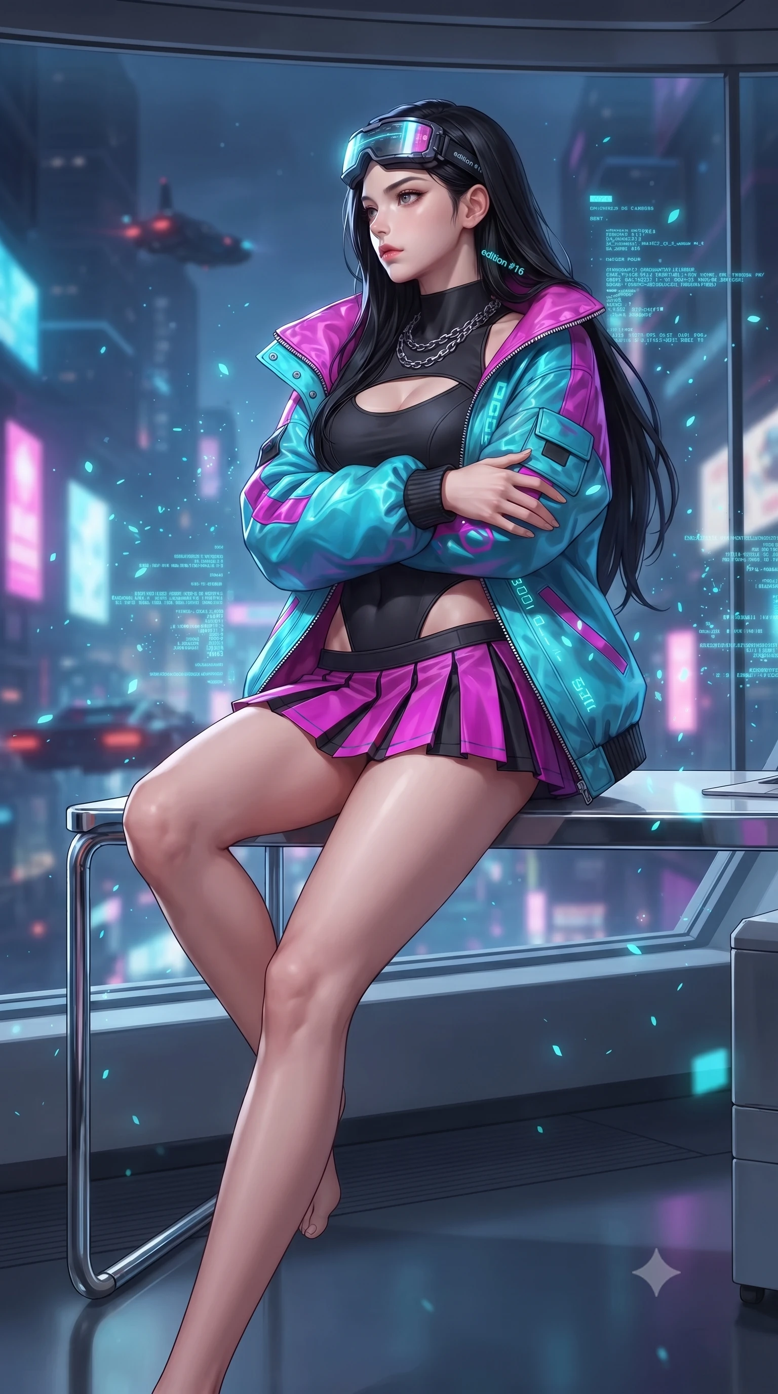 score_9, masterpiece, best quality, ultra-detailed, high-budget anime keyframe, editorial fashion photography, tasteful artistic composition, Korean woman. low angle full-body shot from head to toe showing her feet, filling the entire 9:16 vertical frame with her statuesque presence, stretching her vertical silhouette. standing poised with one hip cocked in an alluring high-fashion pose, her tall 8.5-heads proportions dominating the scene while sitting on the edge of a floating chrome desk with arms folded loosely, gazing through the one-way panoramic glass into the night. The composition keeps background elements in soft focus with creamy bokeh. glowing holographic code glyphs and UI particles scattering soft cyan light motes around her. She has an absolutely perfect, statuesque 8.5-heads proportion, an exceptionally tall and slender model-like female figure with impossibly long slender legs, a toned flat midriff, and an ultra-slim waist. sharp v-shaped jawline, high-bridge nose, intricate jewel-like eyes with depth, thick eyelashes, glossy lips with a natural sheen, captivating and magnetic expression, flawlessly proportioned anatomical accuracy, strict slender model proportions, natural body alignment, perfectly sculpted long slender limbs, ultra-slim waistline, clean dynamic posture without body distortion. wearing a daring cutout cyberpunk bodysuit paired with an oversized neon-accented bomber jacket and pleated micro-skirt in matte black and vivid magenta, tailored from second-skin aerodynamic stretch vinyl and insulated satin, accessorized with a chunky silver chain necklace and cyber-visor goggles resting on her brow edition #16, the glove-like aerodynamic second-skin fit tightly clinging to her ultra-slender waist and athletic curves without adding bulk, accentuating her razor-sharp statuesque lines and slim hourglass silhouette. illuminated by crisp directional key light defining her razor-sharp jawline, eyes, and slender curves. ultra-reflective glossy finish, specular highlights, rich textural contrasts, high-contrast stereoscopic depth, volumetric dynamic lighting, 2k, ultra detail, master piece, 9:16 ratio