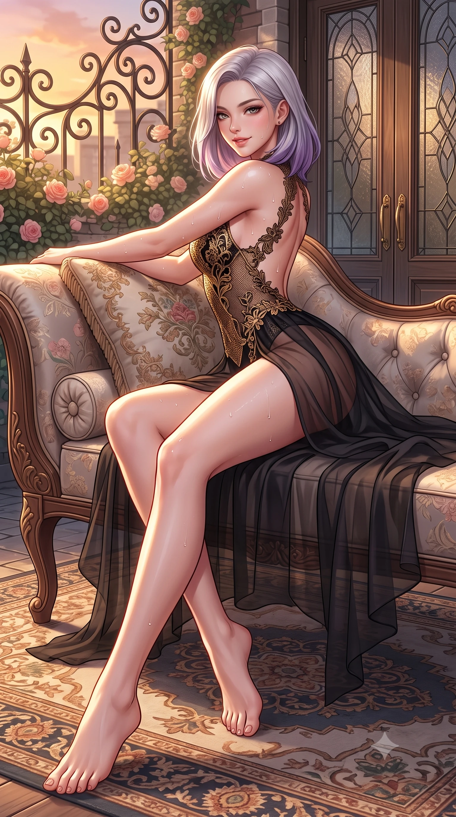 score_9, masterpiece, best quality, ultra-detailed, high-budget anime keyframe, semi-realistic 3D game render, editorial fashion photography, tasteful artistic composition, Caucasian woman. low angle full-body shot from head to toe showing her feet, filling the entire 9:16 vertical frame with her statuesque presence, stretching her vertical silhouette. reclining gracefully across the plush chaise lounge with one leg extended, her sculpted silhouette and flat midriff radiating magnetic nocturnal glamour while twisting her slender torso in an alluring contrapposto stance, sunset breezes fluttering her sheer skirt around her long slender legs and curvy hips. The surrounding environment is rendered in vivid detail and crisp panoramic clarity: sharp wrought-iron scrollwork details, blooming David Austin rose petal textures, and leaded glass door frames in deep focus. She has an absolutely perfect, statuesque 8.5-heads proportion, an exceptionally tall and slender model-like female figure with impossibly long slender legs, an ultra-slim waist, a flat toned midriff, narrow delicate ribcage, and beautifully sculpted feminine hips creating a graceful, slim hourglass silhouette without any bulky heaviness. sharp v-shaped jawline, high-bridge nose, sparkling eyes with hypnotic seductive depth, thick curled eyelashes, glossy parted lips with a natural dewy peach sheen, alluring bedroom-eyes with an enchanting coquettish smile, exuding magnetic siren charisma and sophisticated glamour, flawlessly proportioned anatomical accuracy, strict slender model proportions, natural body alignment, perfectly sculpted long slender limbs, ultra-slim waistline, clean dynamic posture without body distortion. wearing a backless stretch lace botanical leotard with high-cut leg openings and delicate floral embroidery framing her spine in liquid gold chainmail and midnight obsidian black with diamond accents, made of semi-opaque stretch illusion mesh with soft shadowy contours, complemented by glistening drops of moisture beading across her sculpted shoulders and flat midriff, the glove-like clinging cut tightly following the natural contour of her hips and long slender legs with youthful 8.5-heads elegance. bathed in rich golden hour sunset illumination washing horizontally across the rooftop garden. highly saturated vibrant anime colors, detailed shading with soft gradients, rich glossy textures, high-contrast stereoscopic depth, volumetric dynamic lighting, master piece, 9:16 ratio