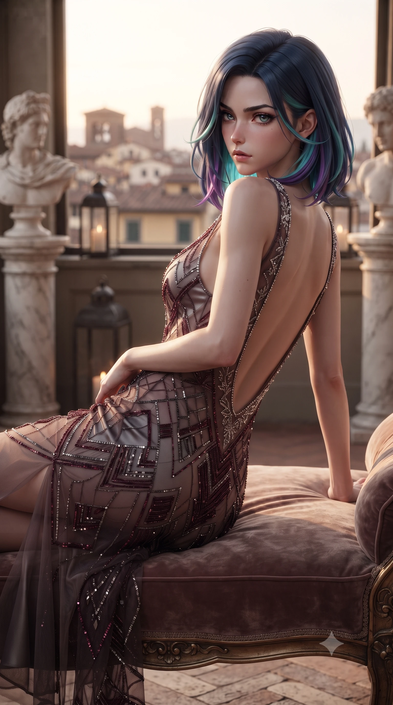 score_9, masterpiece, best quality, ultra-detailed, high-budget anime keyframe, editorial fashion photography, tasteful artistic composition, Caucasian woman. close-up cowboy shot from the waist and thighs up, the character dominates the composition, filling the frame with her large presence. arching her spine backward with effortless dancer poise, one hand sliding along her hip line as directional light carves specular highlights along her silhouette while reclining on a velvet daybed beside classical marble sculptures, casting a sultry, contemplative bedroom-gaze over the rooftops of Florence. The composition keeps background elements in soft focus with creamy bokeh. carved marble classical bust pedestals and iron lanterns softened in artistic Italian shallow focus. She has an exceptionally elegant, slender, and willowy female figure with an ultra-slim waist, flat toned midriff, narrow ribcage, and sculpted feminine hips creating an alluring, slim hourglass silhouette without bulk. sharp v-shaped jawline, high-bridge nose, intricate jewel-like eyes with depth, thick eyelashes, glossy parted lips with a natural sheen, intensely captivating and seductive bedroom-eyes expression, flawlessly proportioned anatomical accuracy, strict slender model proportions, natural body alignment, perfectly sculpted long slender limbs, ultra-slim waistline, clean dynamic posture without body distortion. wearing a sheer vintage mesh flapper dress adorned with intricate geometric beadwork over an opaque silk slip in deep wine burgundy and brushed dark platinum, tailored from liquid silk jersey adhering flawlessly to her slender build, finished with delicate crystal frost embroidery tracing the plunging neckline, the dramatically scooped open back descending to the base of her spine, accentuating her razor-sharp statuesque lines and slim hourglass silhouette. illuminated by crisp directional sunset rays sculpting her sculpted clavicle, flat midriff, and rounded hips. ultra-reflective glossy finish, specular highlights, rich textural contrasts, high-contrast stereoscopic depth, volumetric dynamic lighting, 2k, ultra detail, master piece, 9:16 ratio