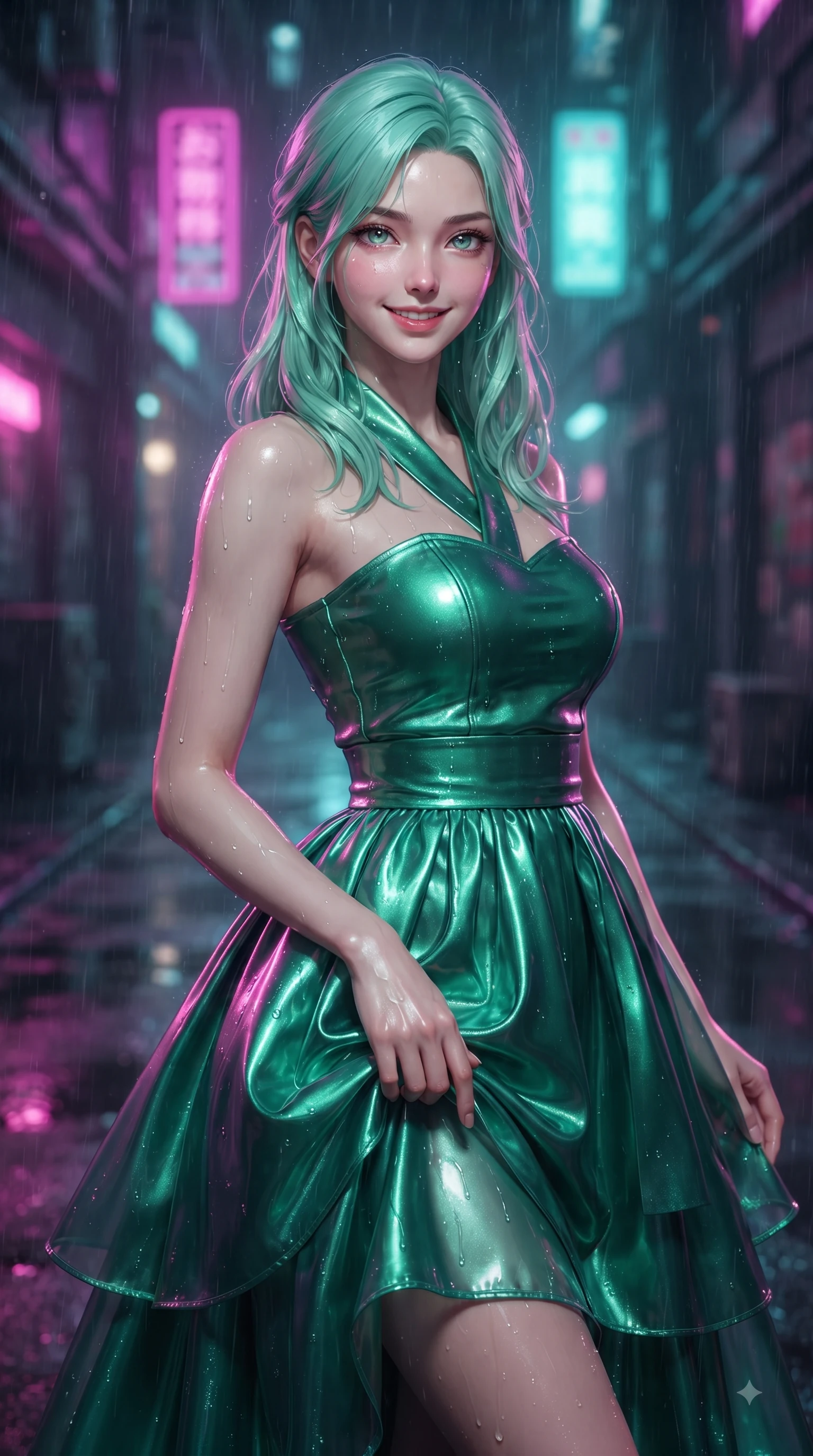 score_9, masterpiece, best quality, ultra-detailed, high-budget anime keyframe, editorial fashion photography, tasteful artistic composition, Japanese woman woman. close-up cowboy shot from the waist and thighs up, the character dominates the composition, filling the frame with her large presence, background elements kept in soft focus. She has an exceptionally elegant, slender, and willowy female figure with an ultra-slim waist, a gracefully sculpted slender torso, and a refined silhouette. smiling with quiet, magnetic self-assurance directly into the camera lens, flawlessly proportioned anatomical accuracy, natural body alignment, perfectly sculpted elegant limbs, clean dynamic posture without body distortion. set against a soft-focus background of a cyberpunk alley with wet asphalt reflecting rain. wearing a modern fusion silk hanbok dress with a structured emerald bodice and flowing layered skirt. drenched in wet neon reflections of magenta and turquoise casting glossy specular highlights. ultra-reflective glossy finish, specular highlights, metallic sheen, high-contrast stereoscopic depth, volumetric dynamic lighting, 2k, ultra detail, master piece, 9:16 ratio