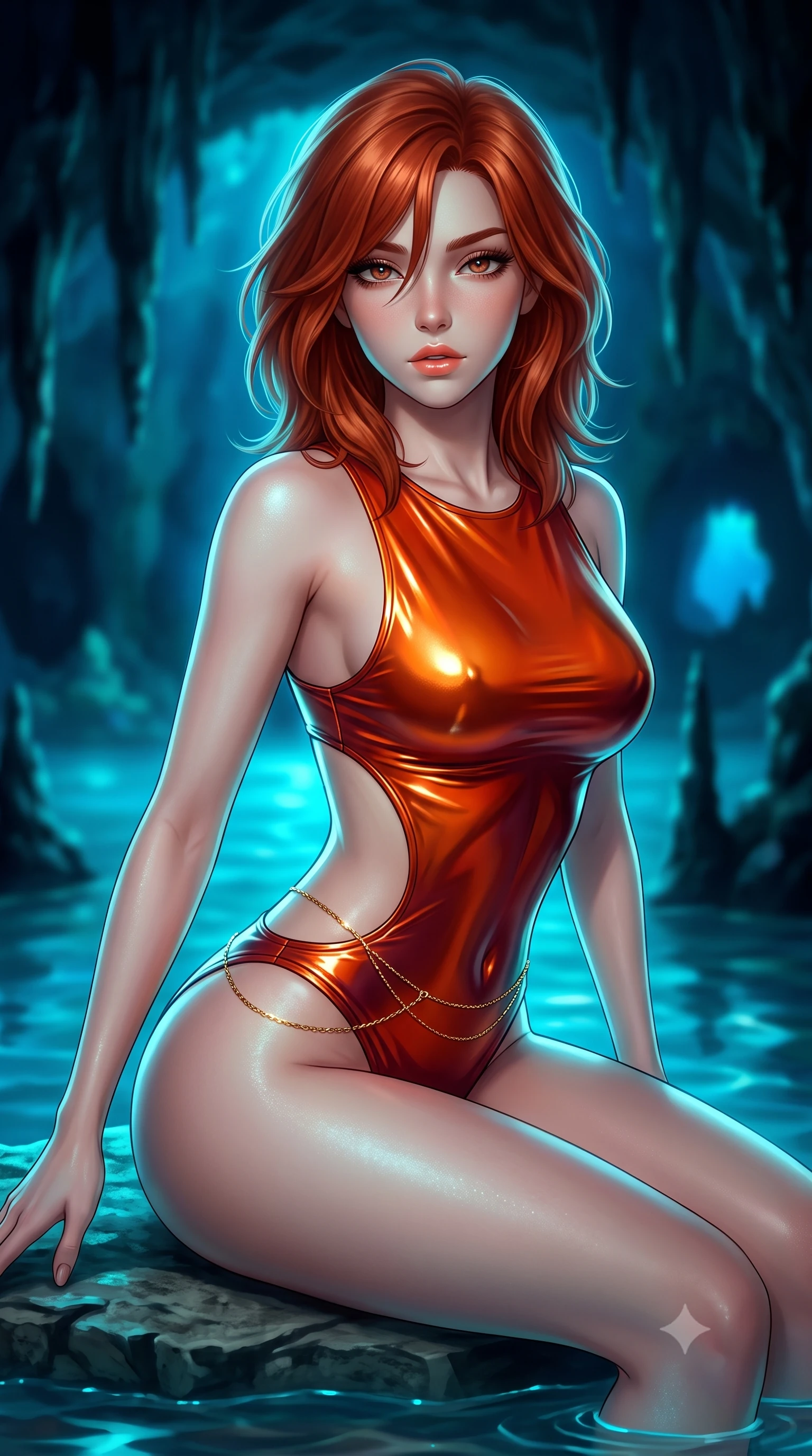 score_9, masterpiece, best quality, ultra-detailed, high-budget anime keyframe, semi-realistic 3D game render, editorial fashion photography, tasteful artistic composition, Korean woman. close-up cowboy shot from the waist and thighs up, the character dominates the composition, filling the frame with her large presence. leaning forward while arching her lower back to accentuate her curvy hips, looking into the camera with an intoxicating smoldering gaze and bedroom-eyes while sitting on the submerged limestone rock ledge inside the luminous sea cave, arching her back with breathtaking sea-nymph siren grace. The background shows a soft-focus eerie glowing neon-blue cavern water, dark limestone stalactites, and tiny cave openings blurred into electric sapphire, teal, and obsidian bokeh. She has an exceptionally elegant, slender, and willowy female figure with an ultra-slim waist, flat toned midriff, narrow ribcage, and sculpted feminine hips creating an alluring, slim hourglass silhouette without bulk. sharp v-shaped jawline, high-bridge nose, sparkling eyes with hypnotic seductive depth, thick curled eyelashes, glossy parted lips with a natural dewy peach sheen, alluring bedroom-eyes with an enchanting coquettish smile, exuding magnetic siren charisma and sophisticated glamour, flawlessly proportioned anatomical accuracy, strict slender model proportions, natural body alignment, perfectly sculpted long slender limbs, ultra-slim waistline, clean dynamic posture without body distortion. wearing a liquid metallic lamé one-piece swim dress clinging like a second skin with hip-high side cutouts in blazing desert sunset orange and deep canyon crimson, crafted from wet-look high-gloss vinyl fabric with dazzling specular surface reflections, accented with a dainty gold belly chain resting across her flat midriff and curving hips, the form-contouring silhouette accentuating her sculpted flat midriff, narrow delicate ribcage, and gracefully curvy hips with intoxicating allure. illuminated by aquatic caustic reflections and sharp electric-cyan rim lights sculpting her jawline, ultra-slim waist, and curvy hips. highly saturated vibrant anime colors, detailed shading with soft gradients, rich glossy textures, high-contrast stereoscopic depth, volumetric dynamic lighting, master piece, 9:16 ratio
