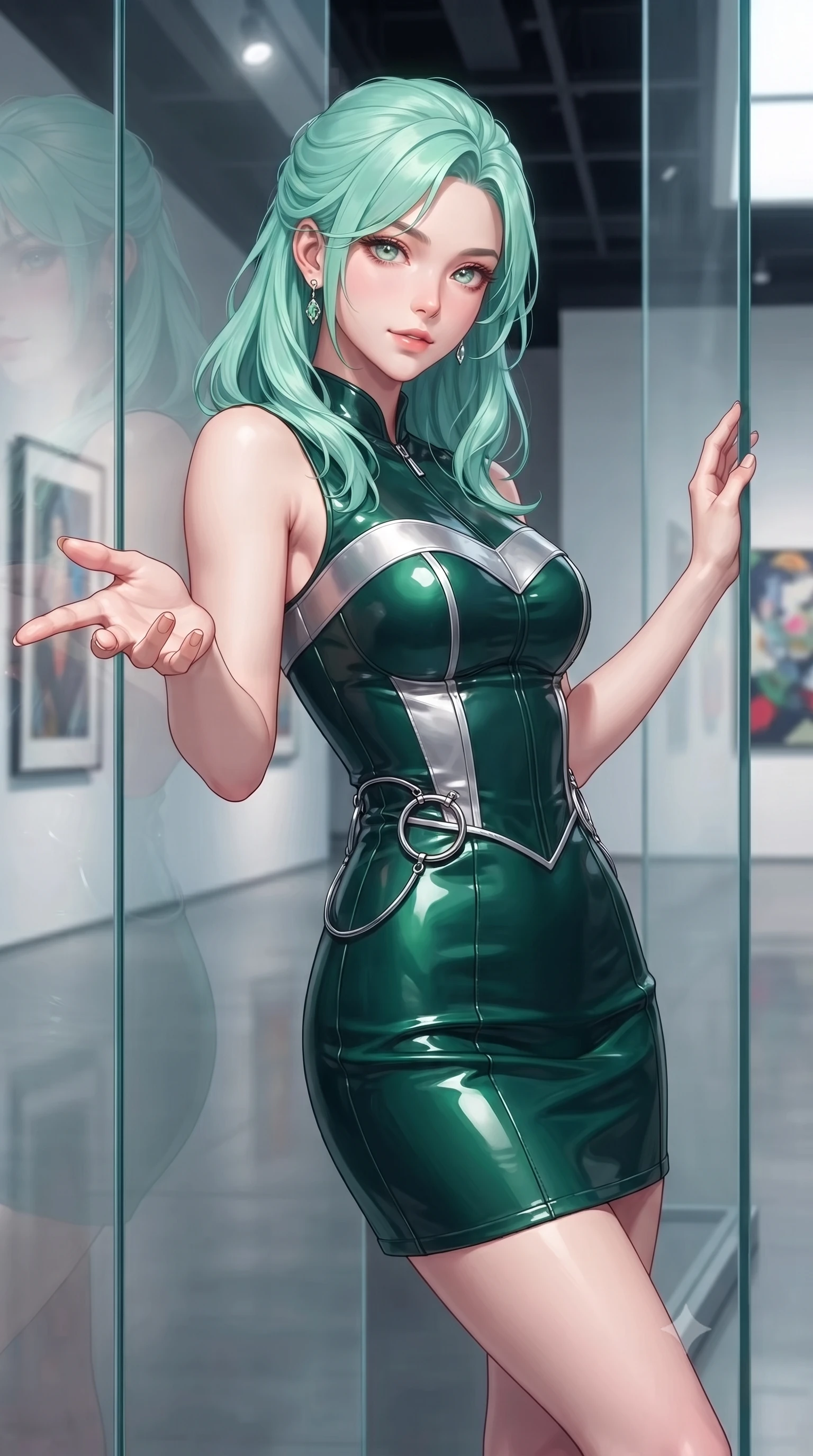 score_9, masterpiece, best quality, ultra-detailed, high-budget anime keyframe, editorial fashion photography, tasteful artistic composition, Japanese woman. close-up cowboy shot from the waist and thighs up, the character dominates the composition, filling the frame with her large presence, background elements kept in soft focus. Reaching one hand gracefully toward the viewer with effortless superiority and allure resting against a glass partition inside a sleek contemporary exhibition hall, sleek glass and polished concrete surfaces highlighting her statuesque form. She has an exceptionally elegant, slender, and willowy female figure with an ultra-slim waist, a gracefully sculpted slender torso, and a refined silhouette. sharp v-shaped jawline, high-bridge nose, intricate jewel-like eyes with depth, thick eyelashes, glossy lips with a natural sheen. wearing a modern fusion silk hanbok dress with a structured bodice in deep emerald green and silver accent, tailored from high-gloss patent leather, accented with delicate chrome ring hardware framing her waist, the sleek second-skin texture accentuating her magnetic presence. bathed in bright white museum key light with sharp editorial side shadows. highly saturated vibrant anime colors, detailed shading with soft gradients, rich glossy textures, high-contrast stereoscopic depth, volumetric dynamic lighting, master piece, 9:16 ratio