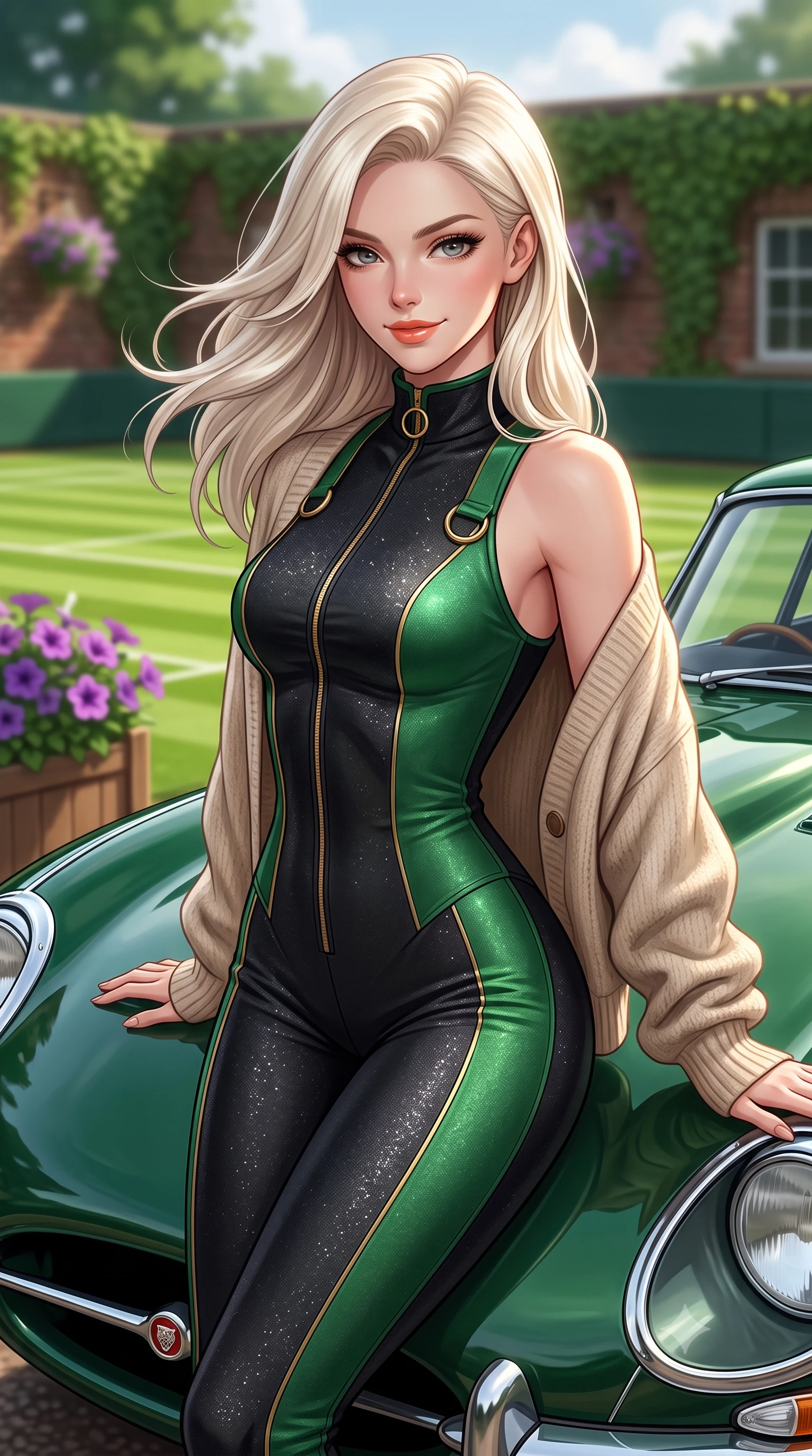 score_9, masterpiece, best quality, ultra-detailed, high-budget anime keyframe, semi-realistic 3D game render, editorial fashion photography, tasteful artistic composition, Caucasian woman. close-up cowboy shot from the waist and thighs up, the character dominates the composition, filling the frame with her large presence. turning slowly with a smoldering smile, her glossy hair tossing in the breeze as her hips angle gracefully in a captivating contrapposto while leaning against the bonnet of a vintage British Racing Green Jaguar E-Type parked beside the clubhouse with hips cocked back, casting an alluring smile. The background shows a soft-focus striped emerald green lawn tennis courts, ivy-covered clubhouse brick walls, and purple petunia planters blurred into emerald, plum, and cloud-white bokeh. She has an exceptionally elegant, slender, and willowy female figure with an ultra-slim waist, flat toned midriff, narrow ribcage, and sculpted feminine hips creating an alluring, slim hourglass silhouette without bulk. sharp v-shaped jawline, high-bridge nose, sparkling eyes with athletic focus and depth, thick curled eyelashes, glossy parted lips with a natural coral-peach sheen, bright confident and coquettish smile with alluring bedroom-eyes, exuding both youthful sporty vigor and sovereign high-society glamour, flawlessly proportioned anatomical accuracy, strict slender model proportions, natural body alignment, perfectly sculpted long slender limbs, ultra-slim waistline, clean dynamic posture without body distortion. wearing a high-performance speeder racing suit in matte black and Wimbledon green with gold hardware rings in warm oatmeal beige and deep Ferrari yellow, woven from metallic lurex and technical nylon with subtle starlight glints, complemented by an oversized cashmere knit cardigan slipping off one bare shoulder, the glove-like aerodynamic silhouette tightly following the natural contour of her hips and long slender legs with youthful 8.5-heads elegance. illuminated by emerald grass bounce fill and crisp white-gold rim lighting defining her sculpted collarbones, ultra-slim waist, and curvy hips. highly saturated vibrant anime colors, detailed shading with soft gradients, rich glossy textures, high-contrast stereoscopic depth, volumetric dynamic lighting, master piece, 9:16 ratio