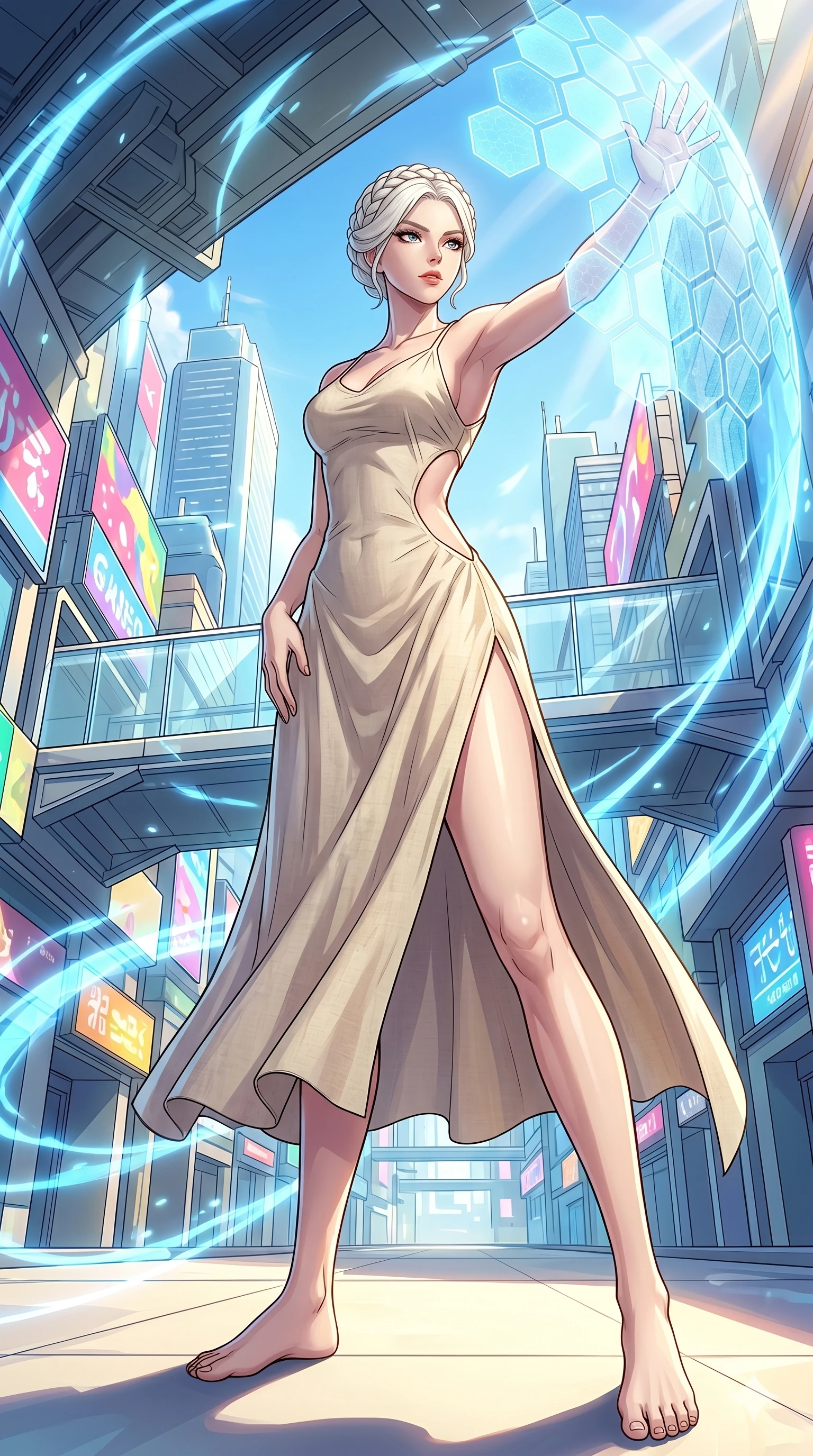 score_9, masterpiece, best quality, ultra-detailed, Set C: High-budget Anime Keyframe, Korean woman. Low angle cowboy shot filling the entire 9:16 frame with her statuesque presence. Summoning a shield made of hexagonal energy tiles. She has an absolutely perfect 8-heads proportion, an exceptionally tall and slender female figure with elegant long slender legs and an slender waist. Sharp v-shaped jawline, high-bridge nose, intricate jewel-like eyes with depth, thick eyelashes, glossy lips. Wearing a Seasonal/Resort outfit: linen sundress with side cut-outs and a high side slit. Background is a bright and colorful metropolis with glowing blue energy effects and dynamic motion. 2k, ultra detail, master piece, 9:16 ratio